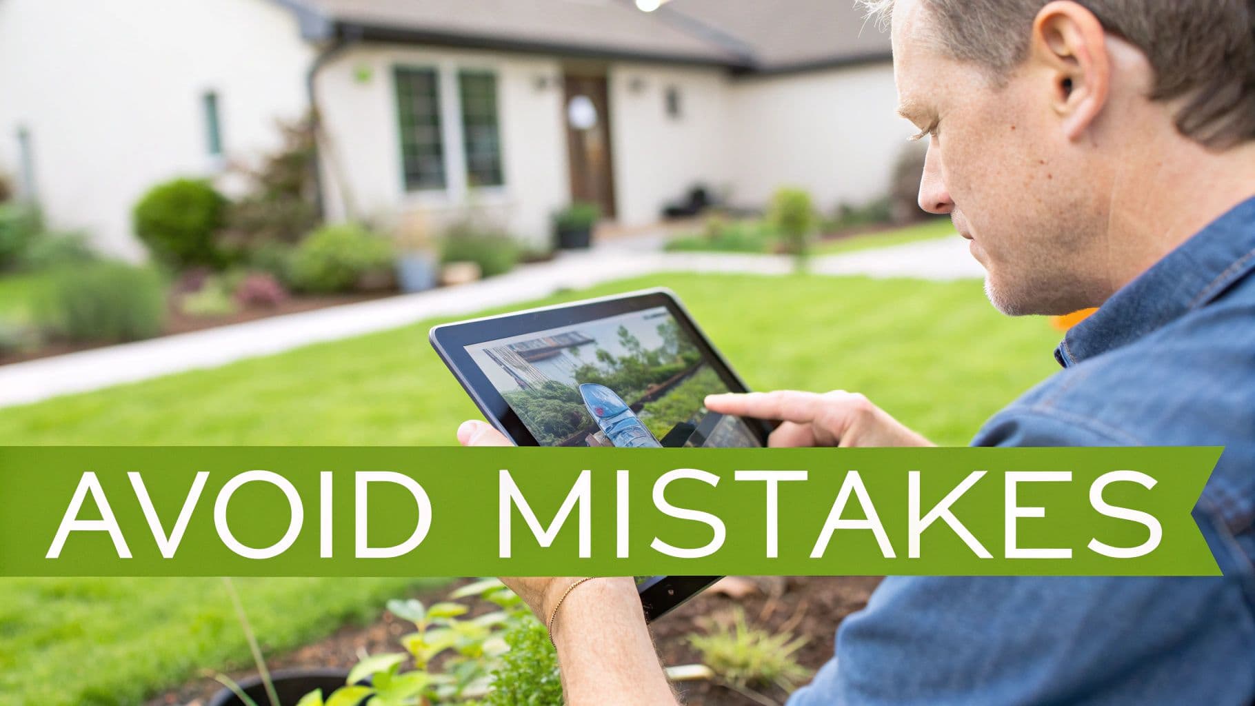 A person holds a tablet displaying a house and a well-maintained lawn, demonstrating landscape design preview.