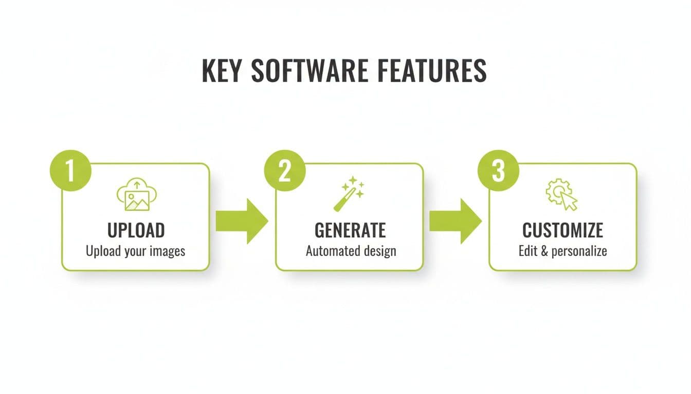 A three-step diagram outlining key software features: upload, generate automated design, and customize.