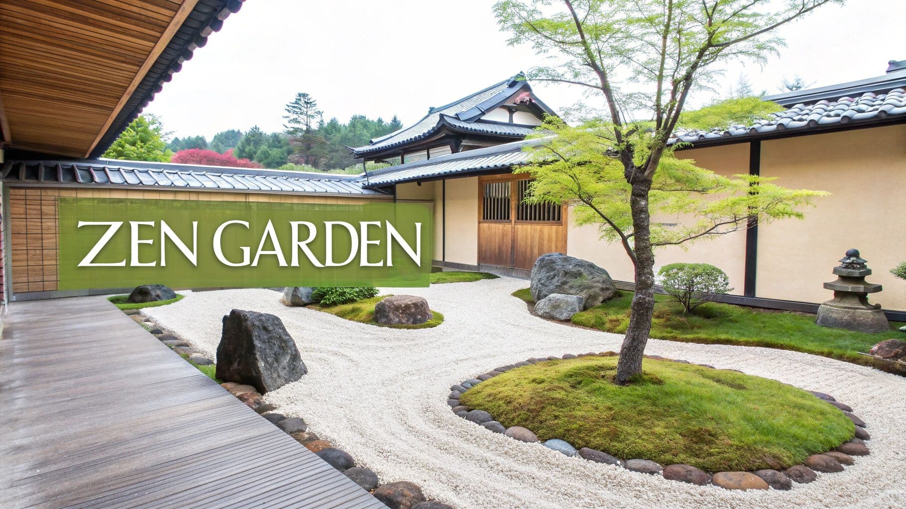 A tranquil Japanese Zen garden with raked white gravel, large rocks, lush moss, and a small tree.