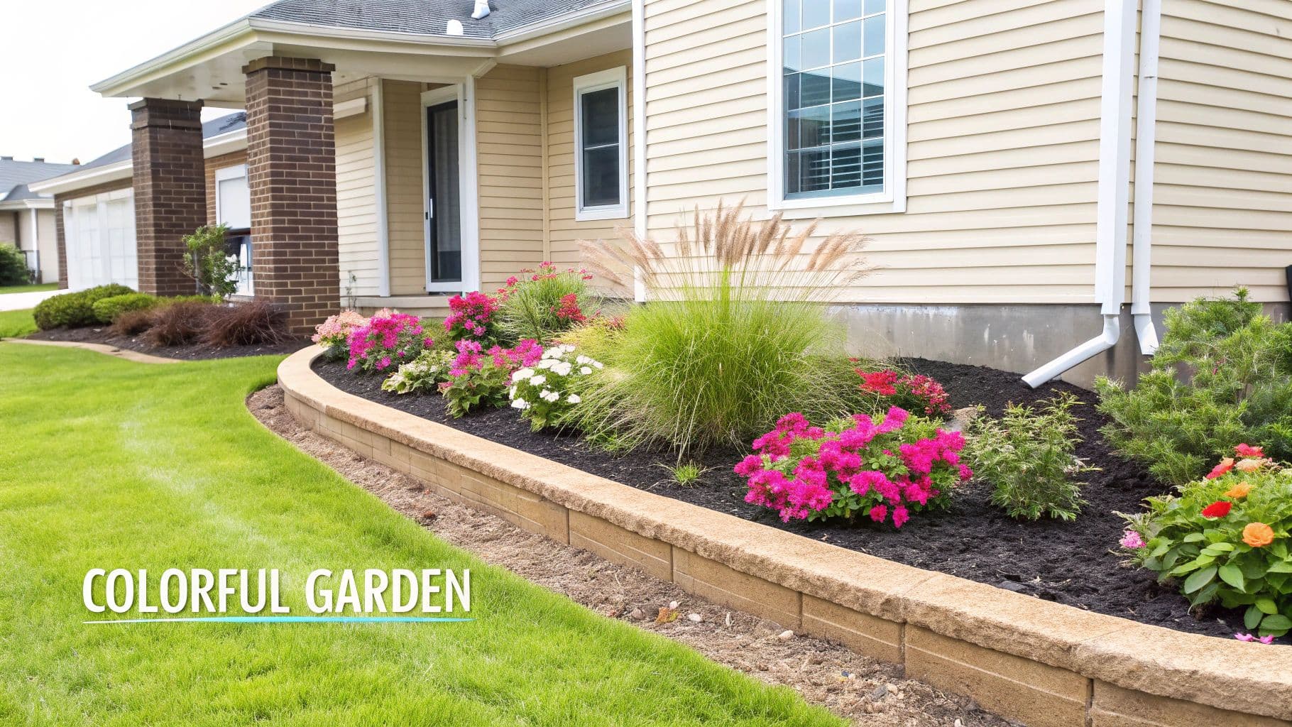 Beautifully landscaped front yard with a colorful flower garden, ornamental grass, and green lawn.