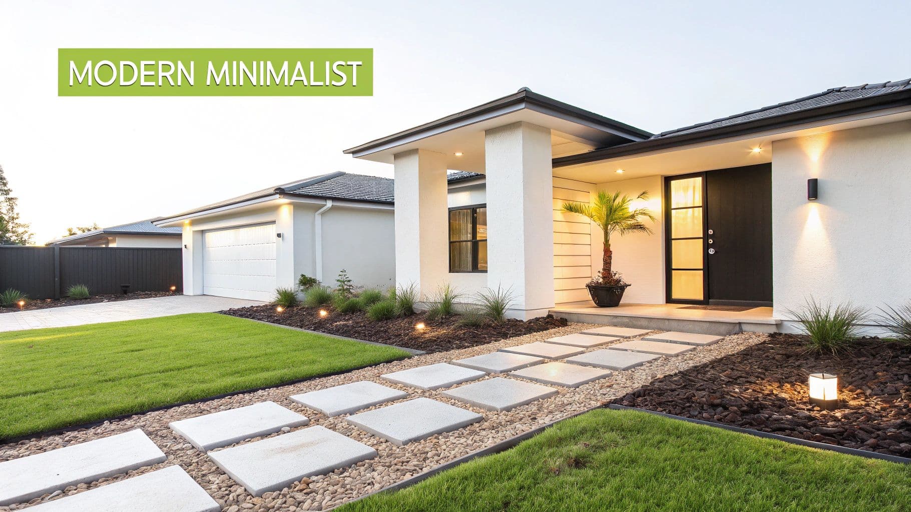 Modern minimalist house front yard with stepping stone pathway, green lawn, and stylish lighting.