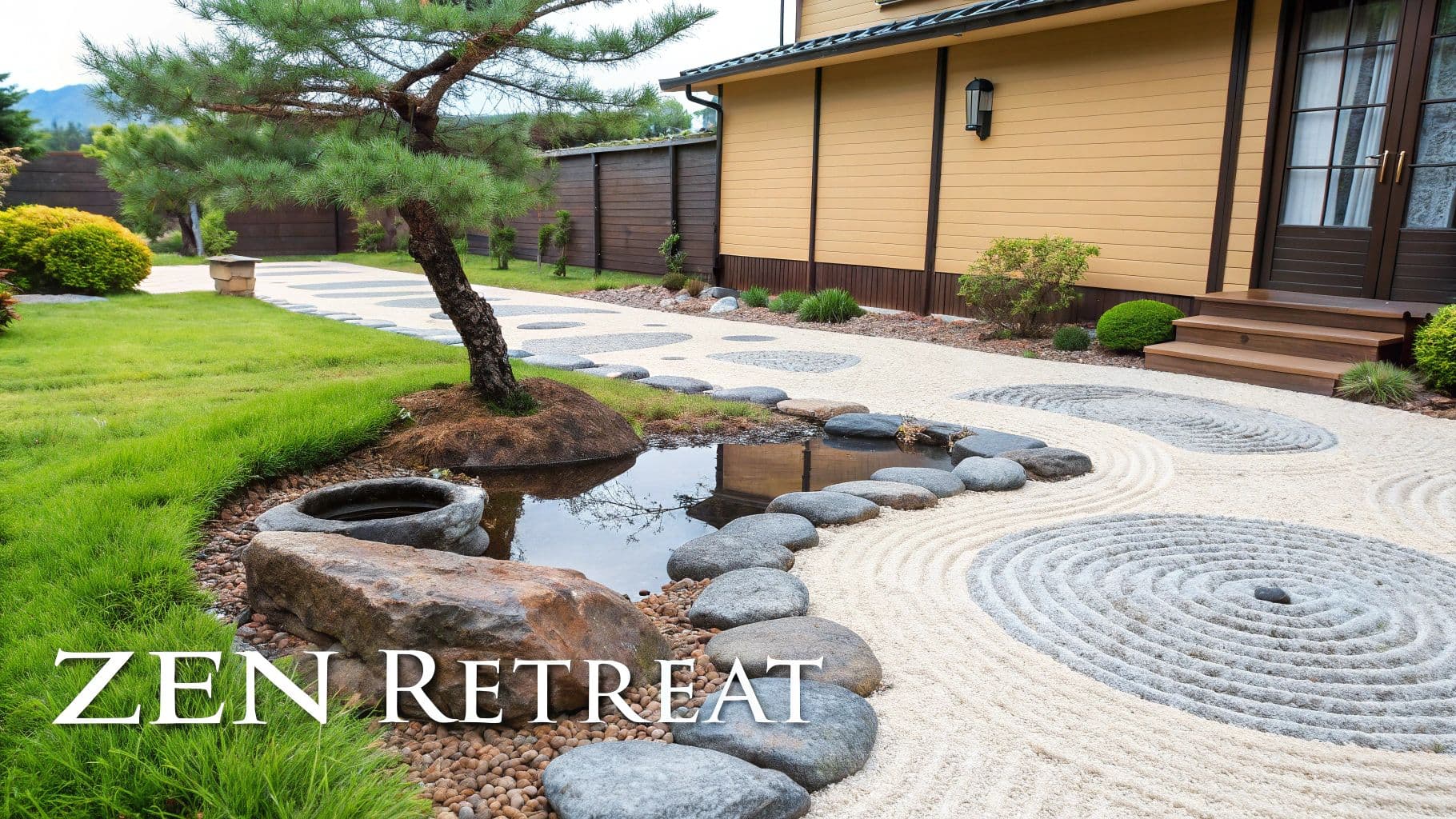 A tranquil Zen garden featuring raked sand, a pond, a tree, and a pathway beside a house.