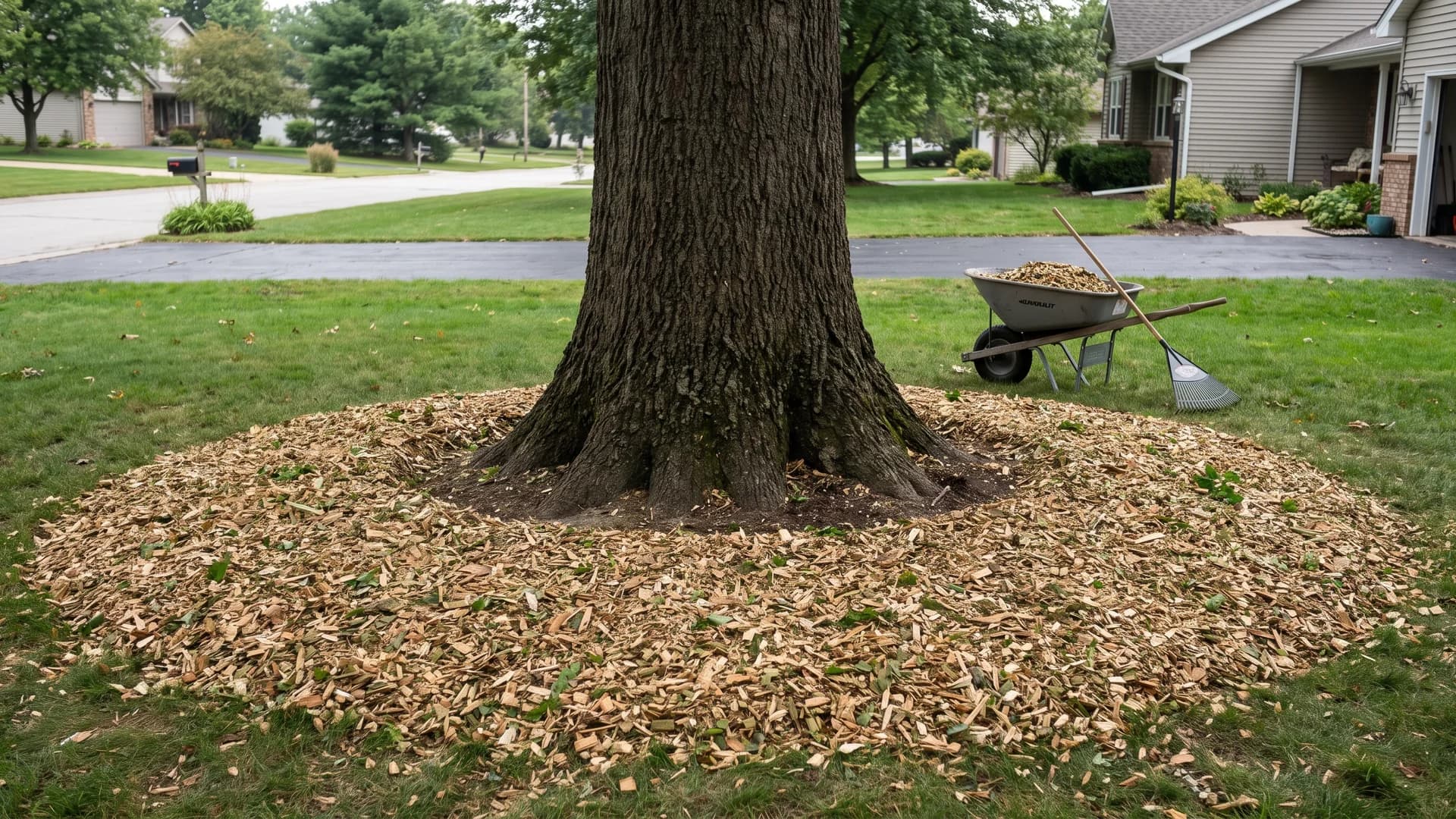 Coarse arborist wood chips raked flat around the base of a large tree in a suburban yard
