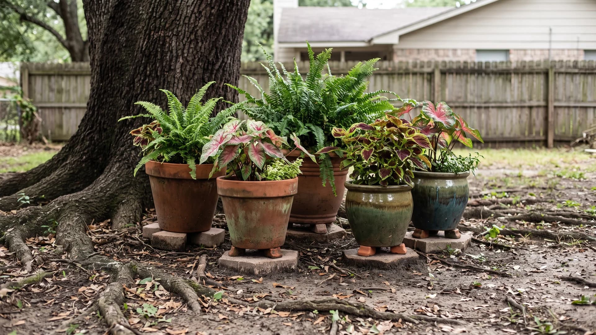 Group of shade-planted containers raised on pot feet and pavers over a solid tree root mat