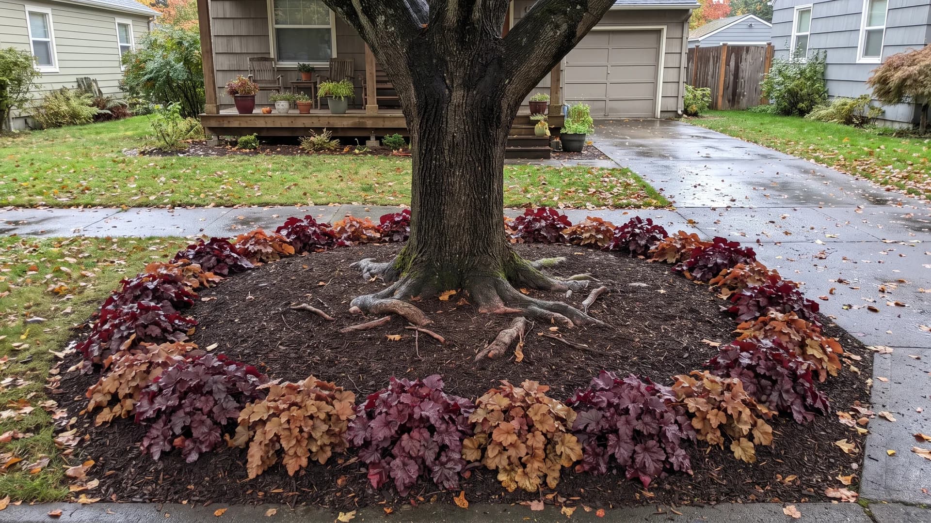 Coral bells in burgundy and caramel foliage ringing the outer edge of a front yard tree bed