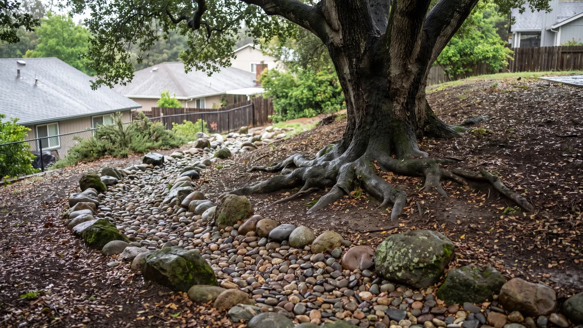 Dry creek bed of mixed river rock curving past the base of a tree on a gentle slope