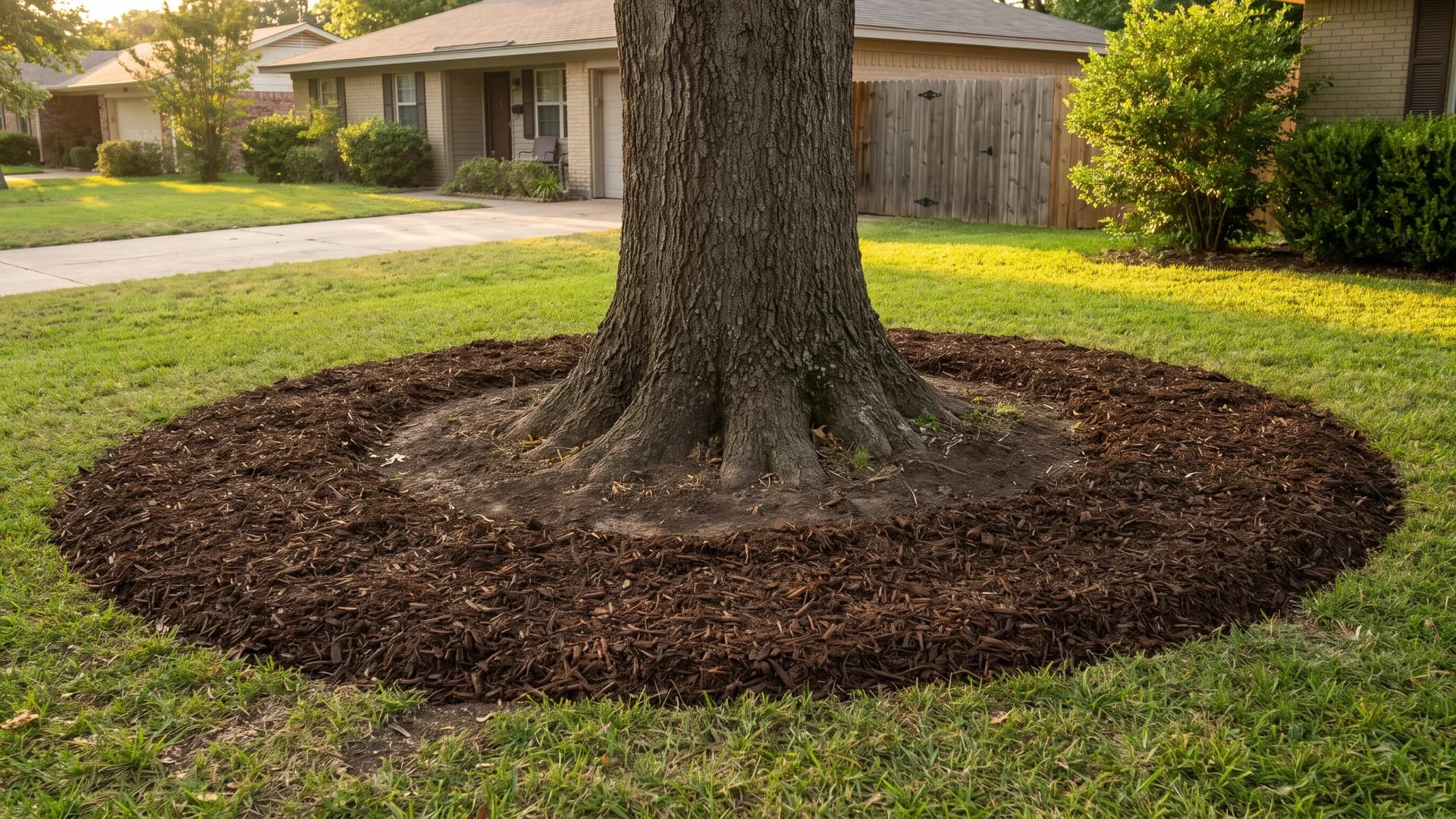 Flat donut-shaped mulch ring pulled back from the trunk with the root flare clearly visible