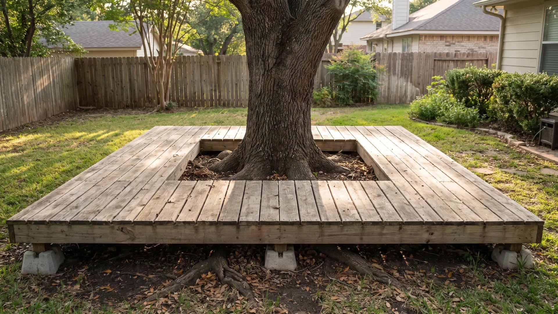 Low floating deck platform built around a tree with a wide open collar left around the trunk