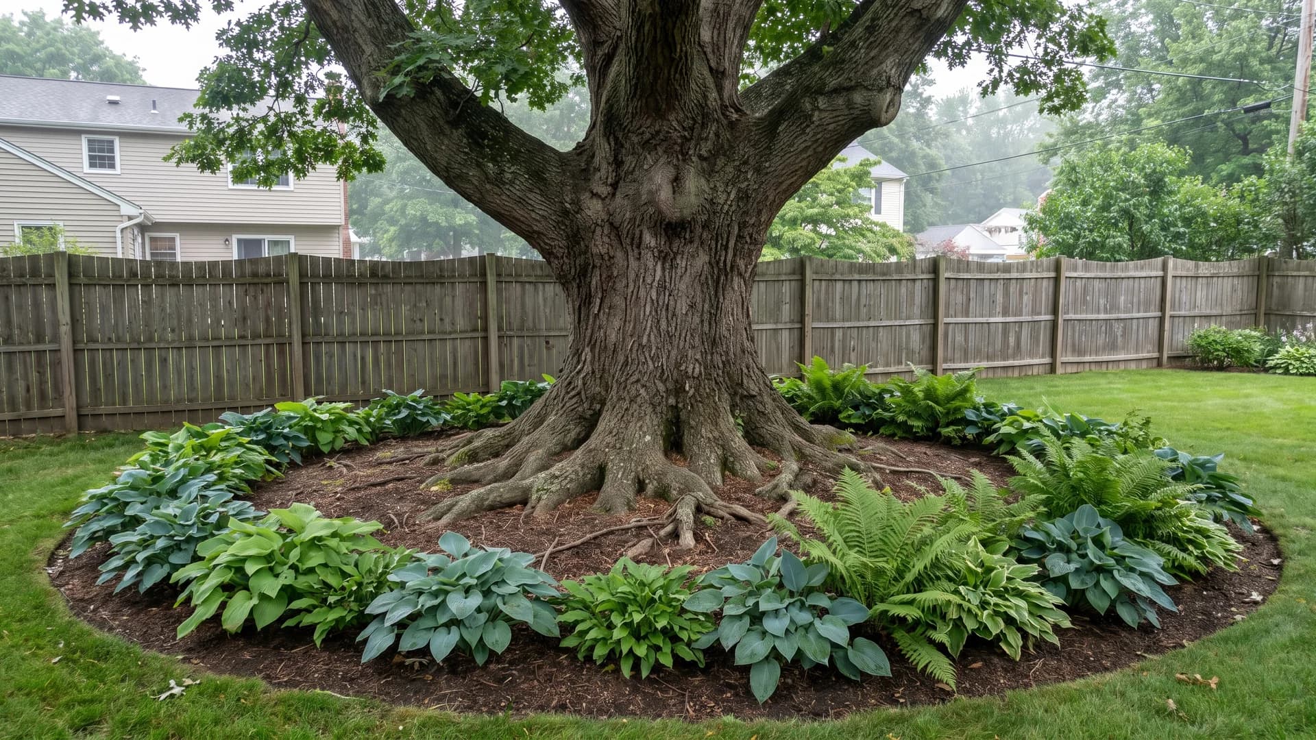 Hostas and Christmas ferns planted in a curved bed at the canopy edge of a shade tree