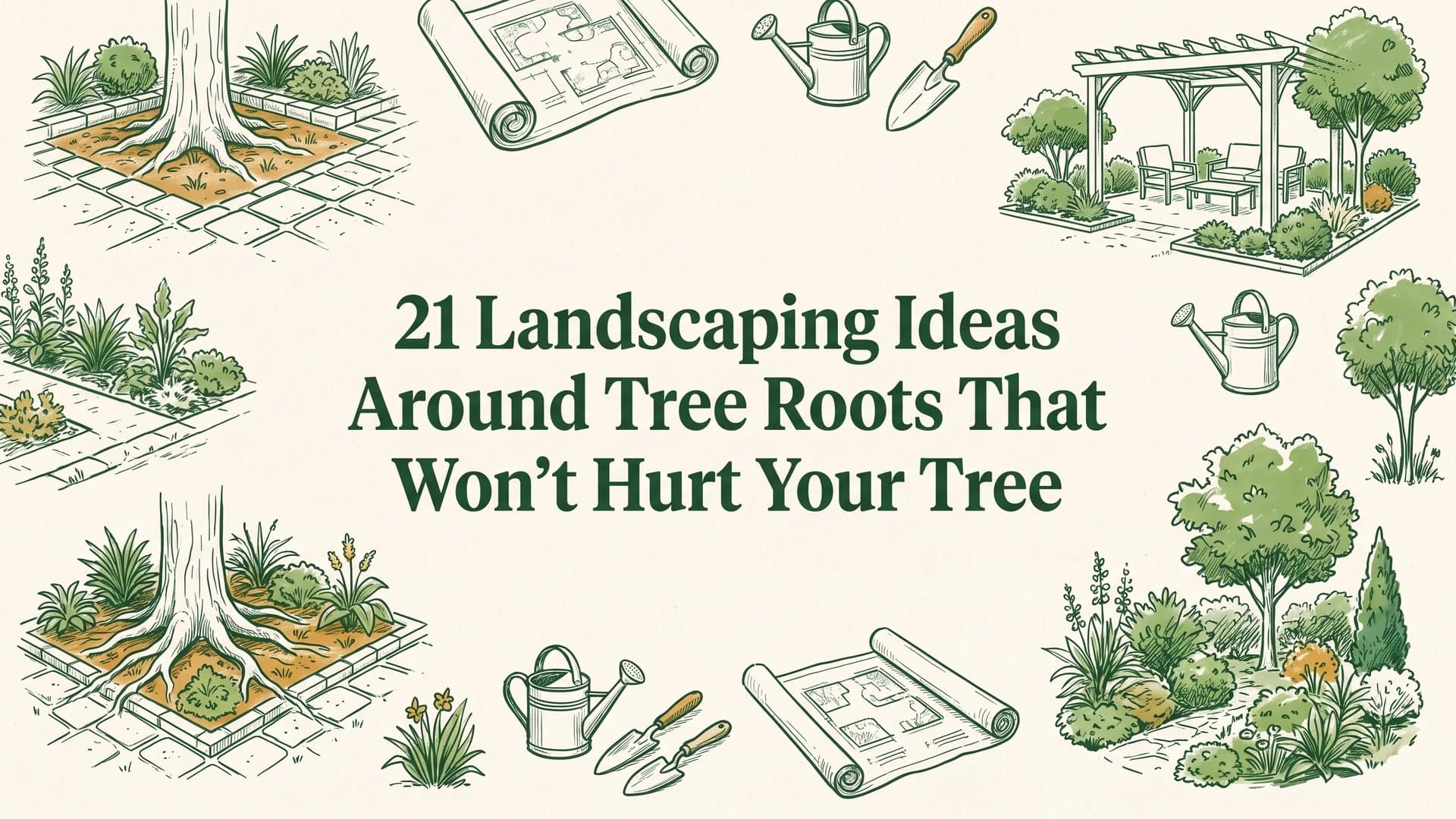 Landscaping ideas around tree roots with a flat mulch ring, shade plants, and exposed surface roots under a mature oak