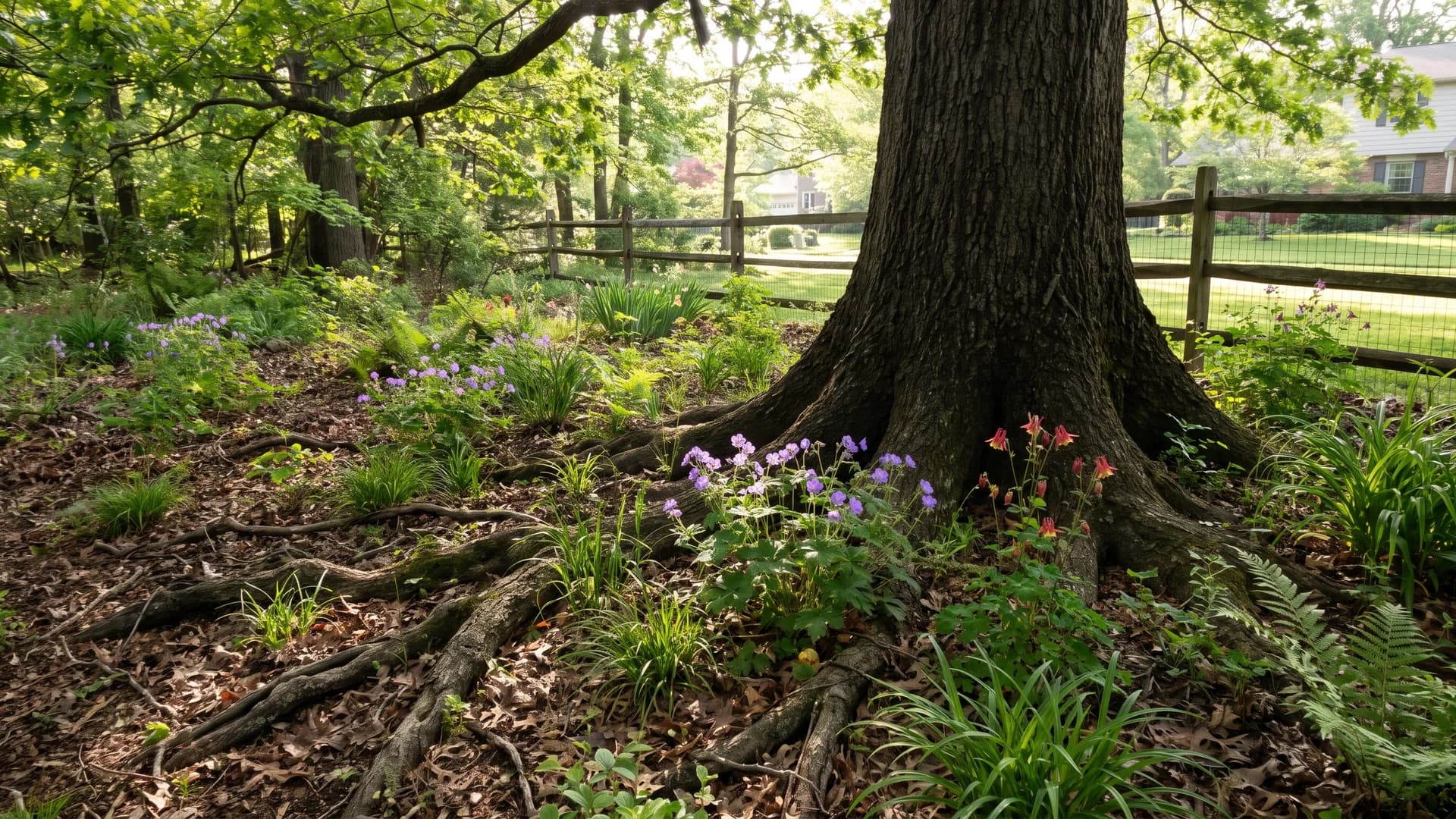 Wild geranium, columbine and sedge growing as a native understory beneath a mature shade tree