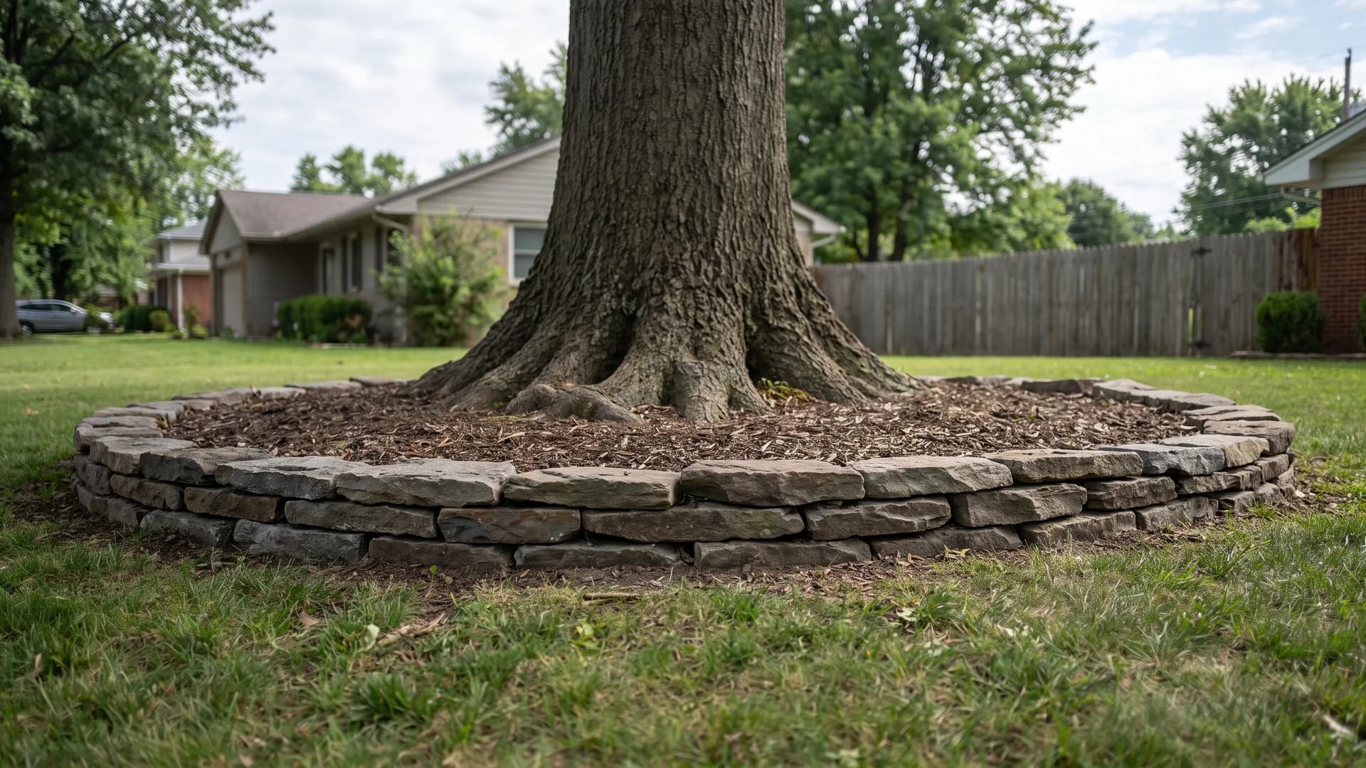 Low stacked fieldstone border laid on existing grade around a tree with mulch inside