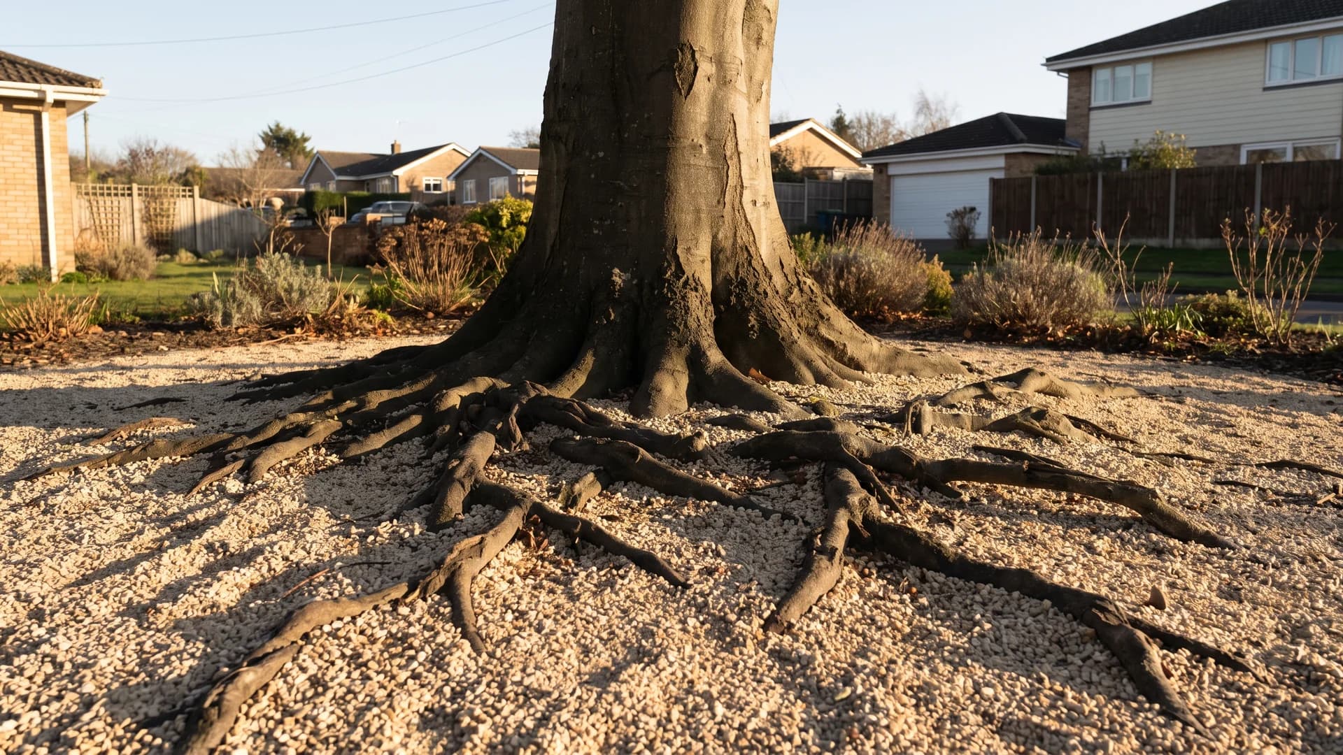 Pale decomposed granite spread thinly against the dark weathered surface roots of a beech tree