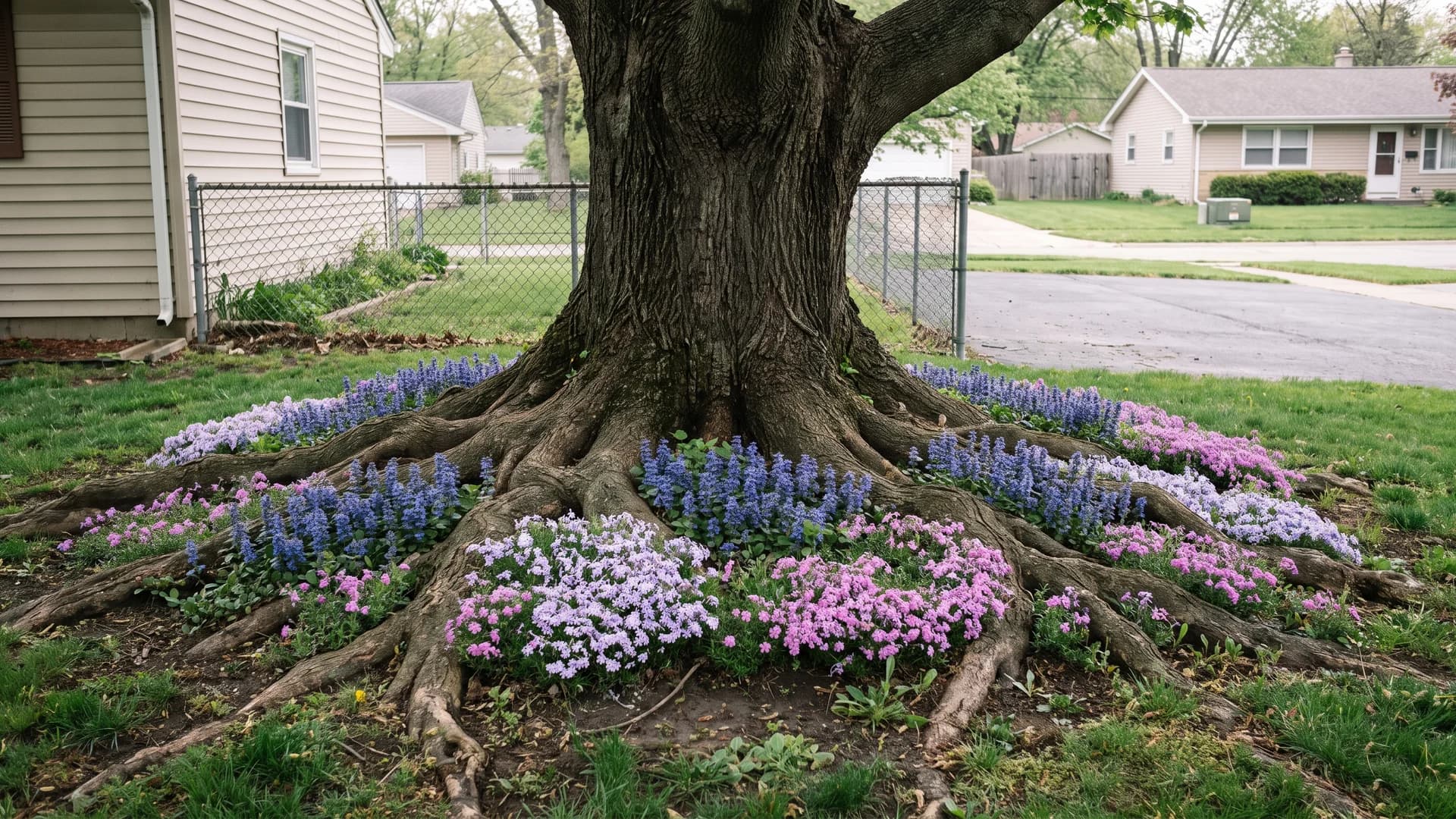 Landscaping ideas around tree roots with a dense ajuga ground cover carpet planted between exposed roots under a mature maple