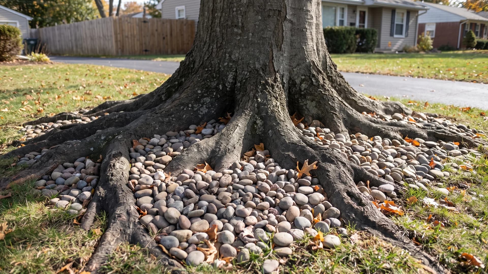 Loose river rock filling the hollows between exposed tree roots with the roots still visible