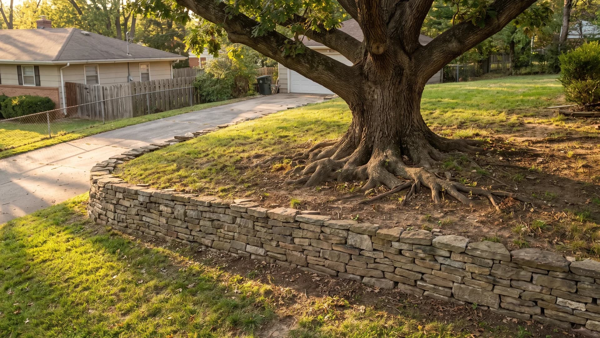 Low retaining wall built downslope and outside the canopy edge of a hillside tree