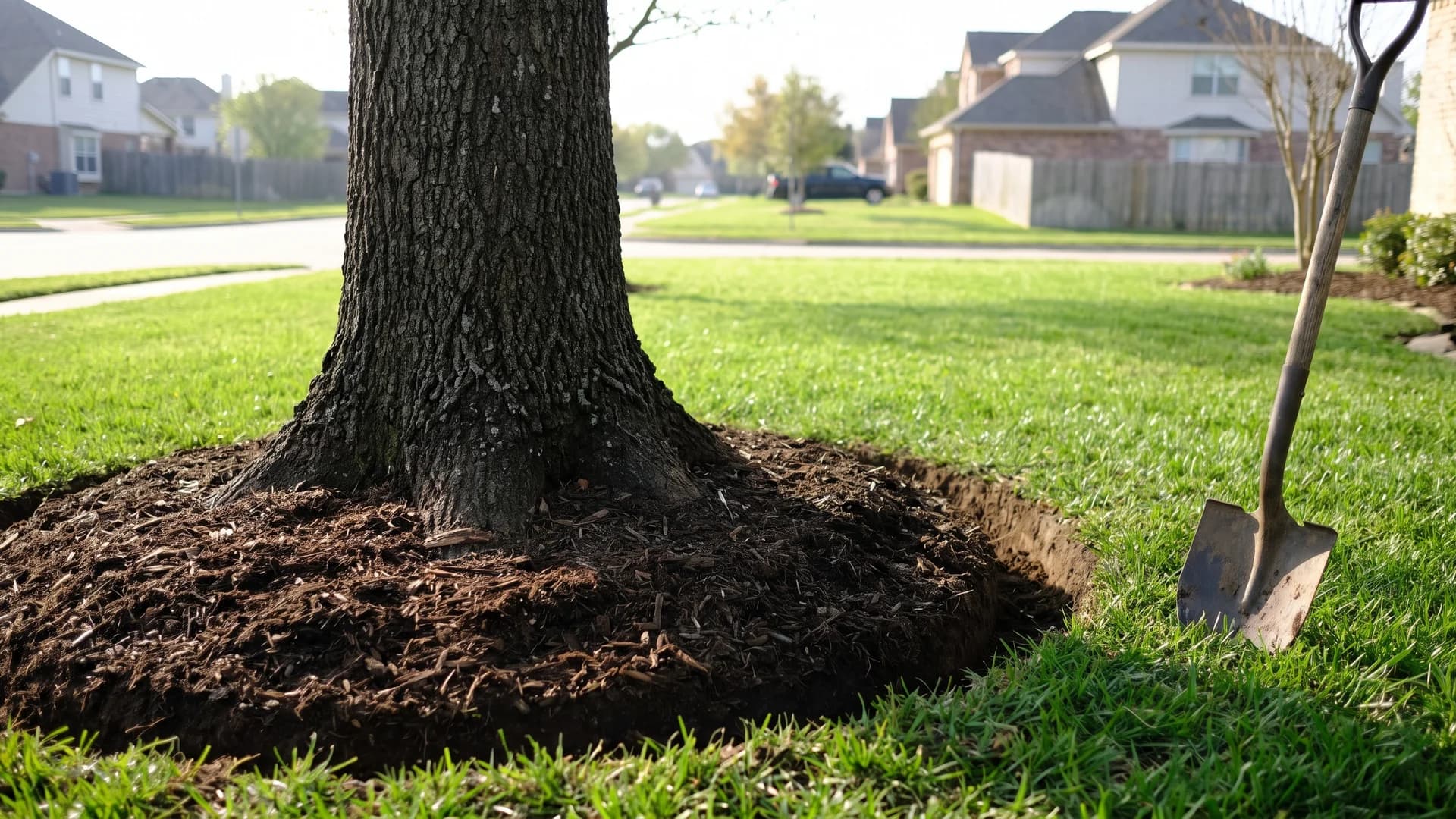 Crisp spade-cut edge separating a mulch tree ring from the surrounding lawn