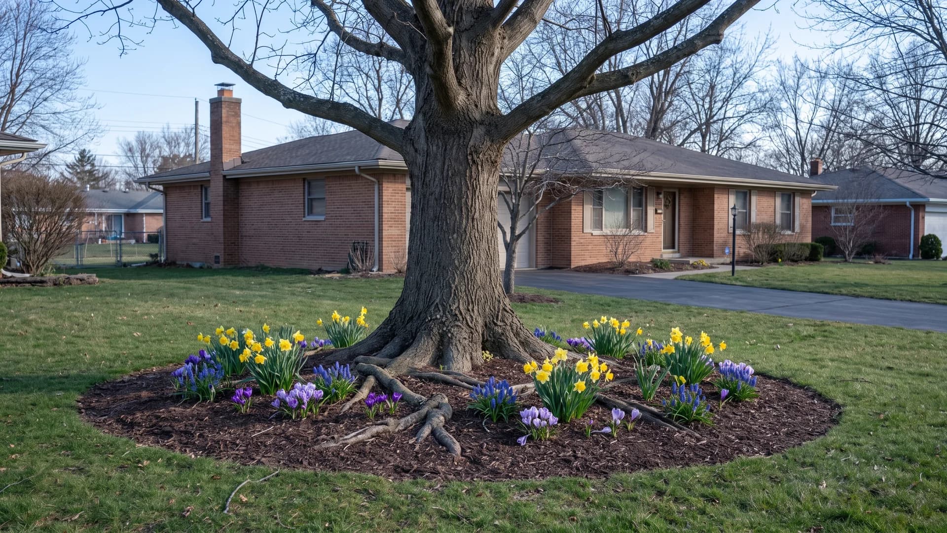 Daffodils and crocus blooming in a mulch ring under a bare deciduous tree in early spring