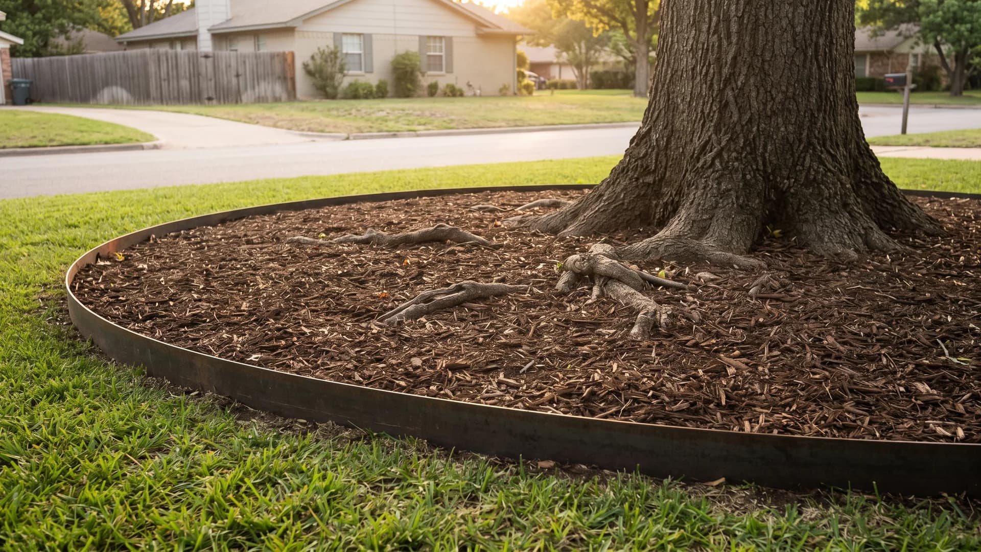 Steel edging installed in a clean curve at the outer edge of a tree bed