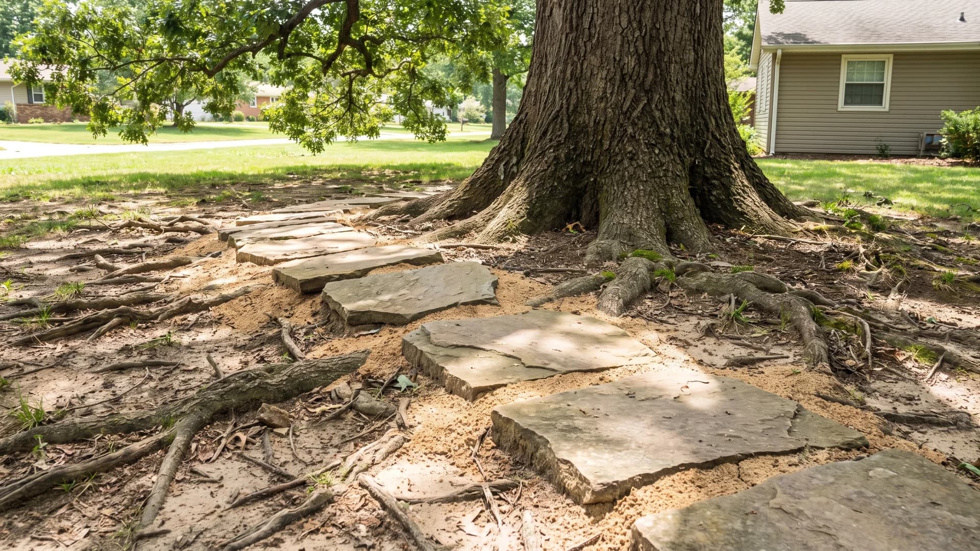 Flagstone stepping stones set directly on grade across a rooty area under a tree