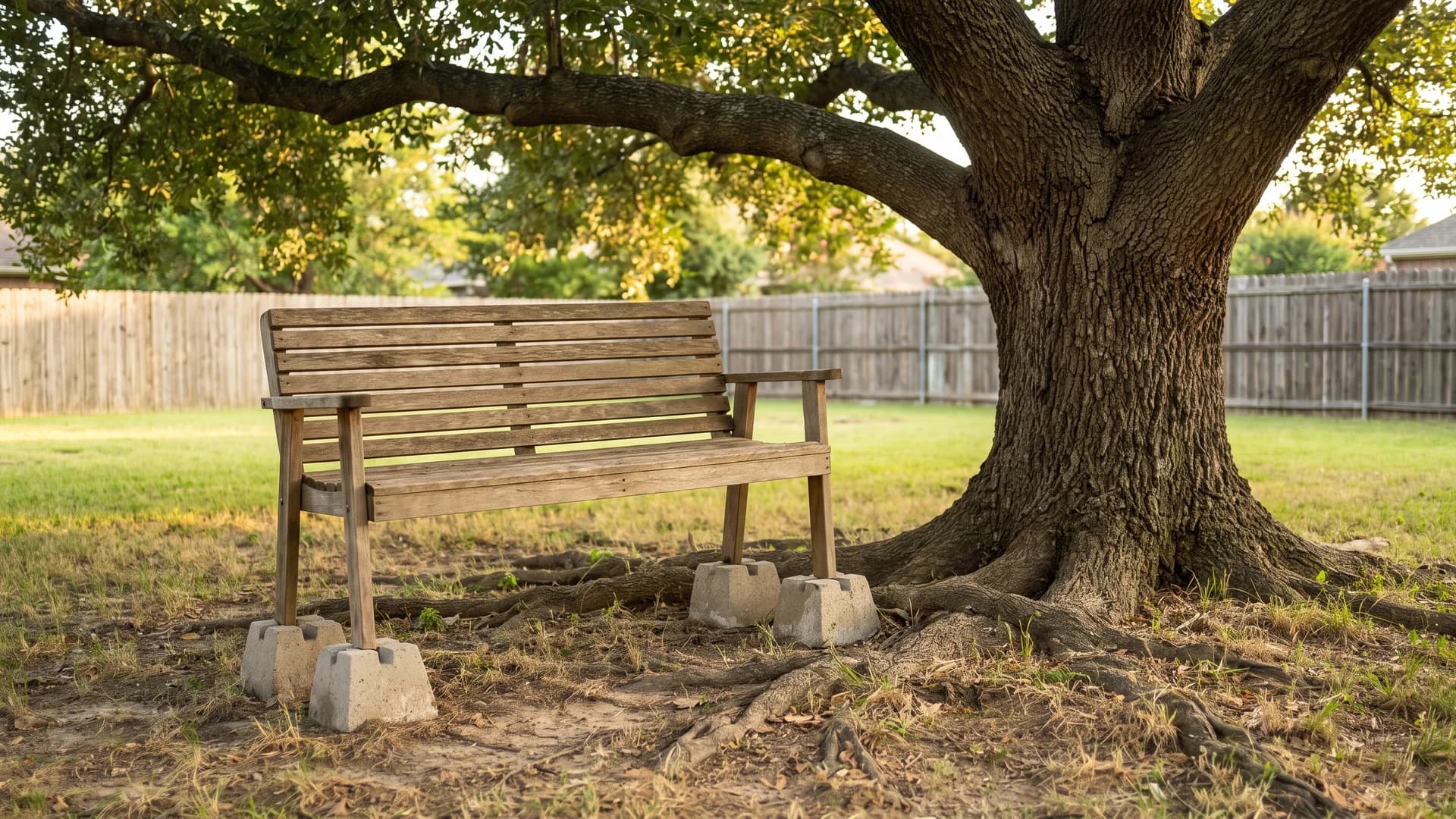 Simple wooden bench set on precast pier blocks in the shade beside a large tree