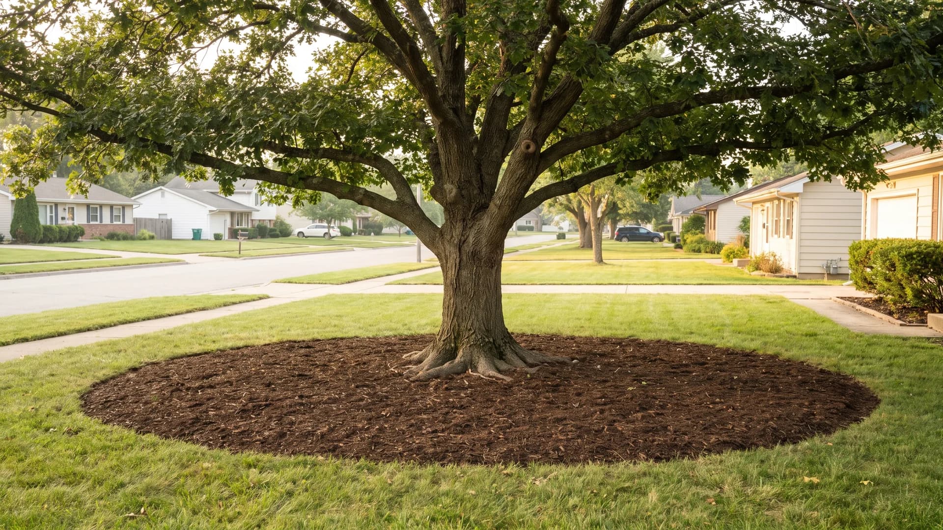 Wide mulch ring extending toward the drip line of a lawn tree, replacing the struggling grass