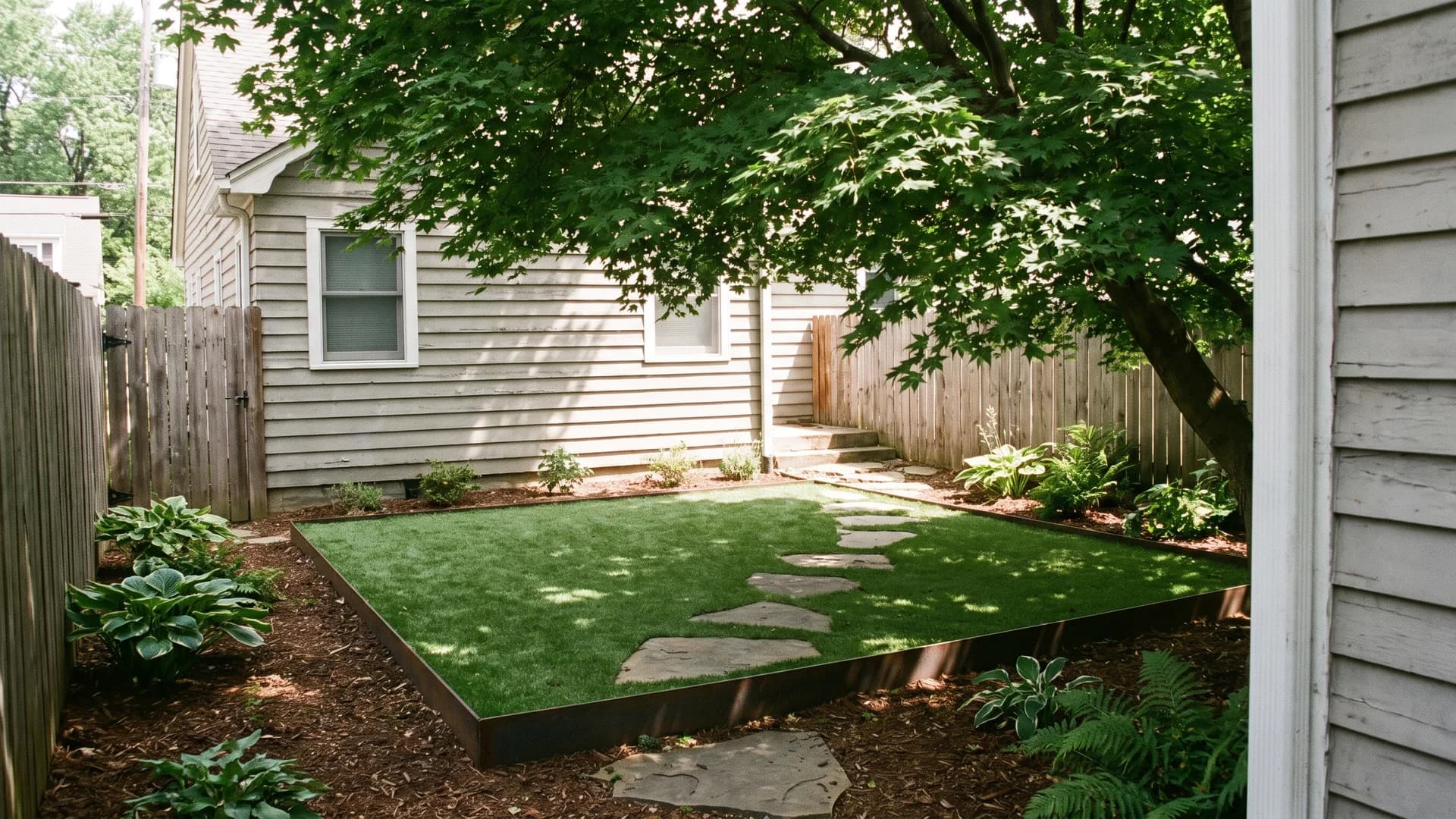 Small artificial turf panel in a shaded side entry of a front yard with stepping stones