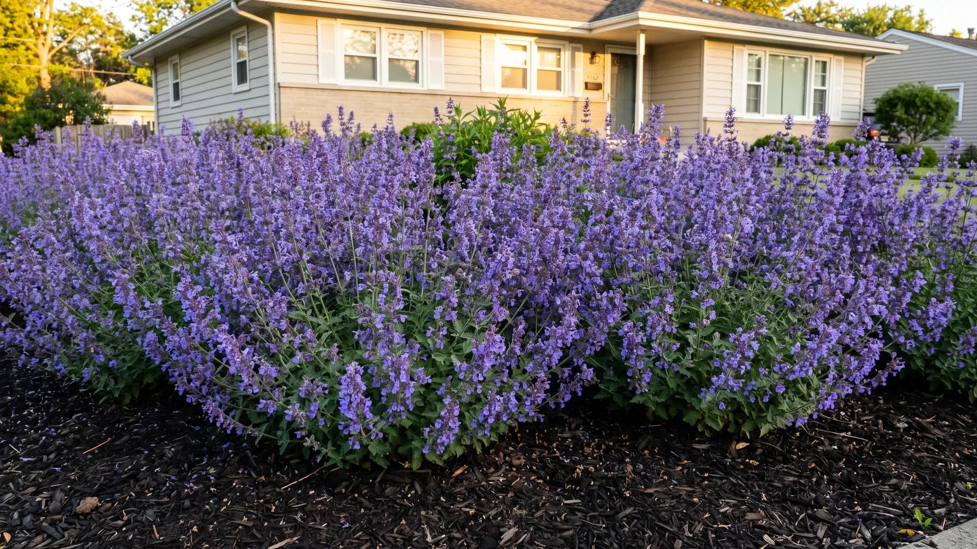 Mass planting of catmint blooming purple in a single front yard bed