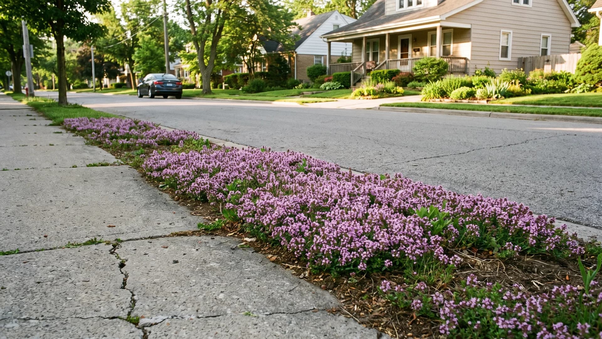 Creeping thyme groundcover blooming pink along a driveway strip in a front yard