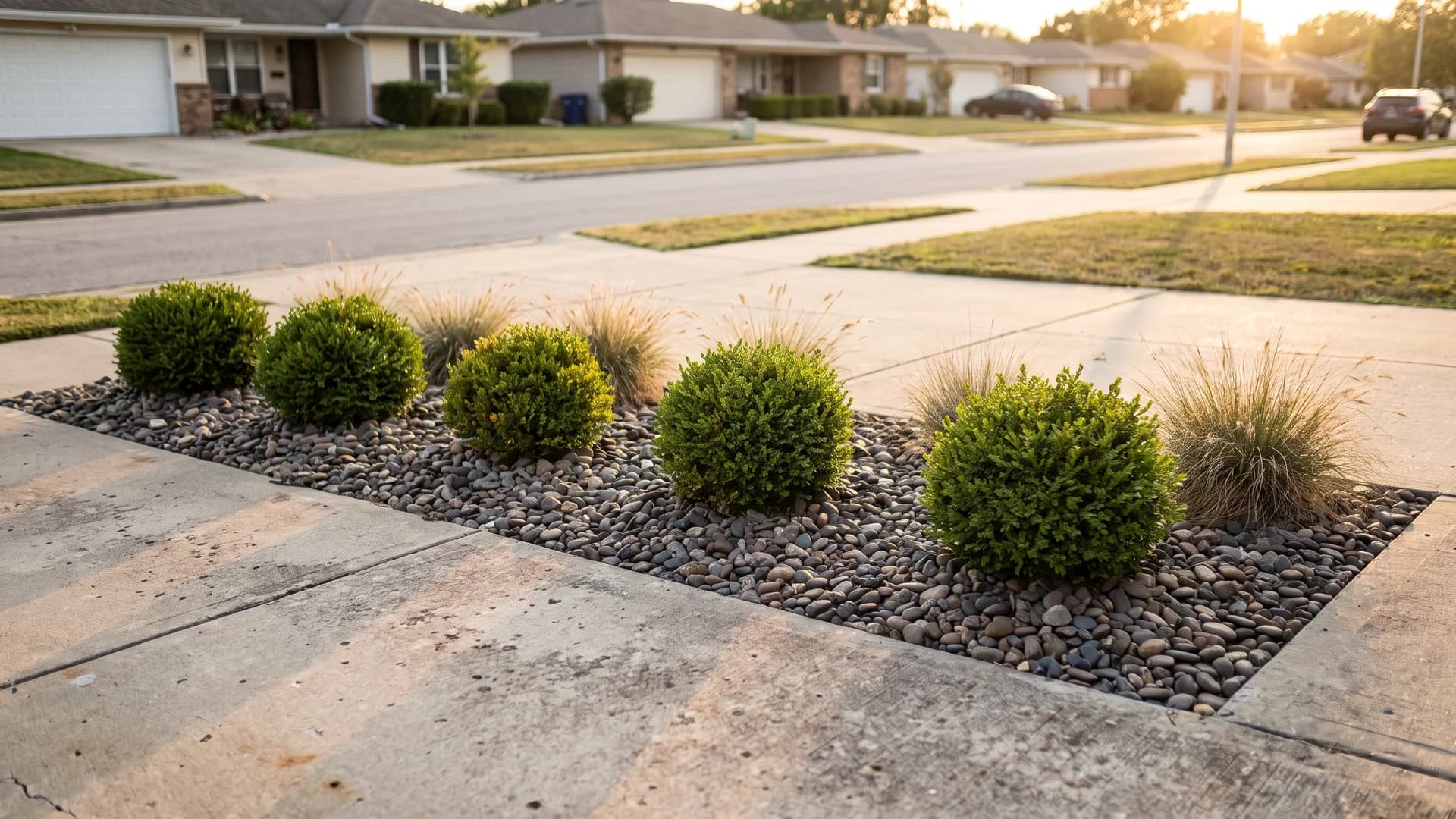 Low island bed of shrubs and rock mulch beside a suburban driveway
