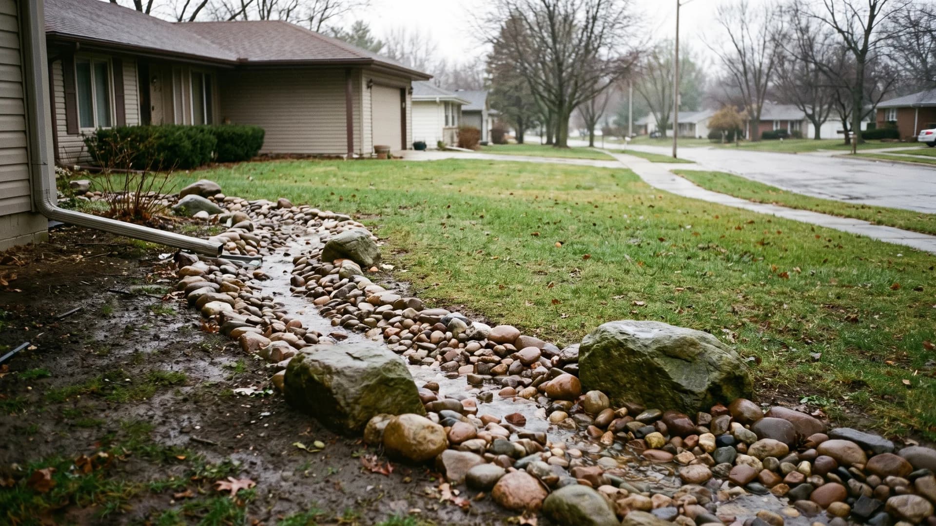 Dry creek bed of river rock running from a downspout across a front yard