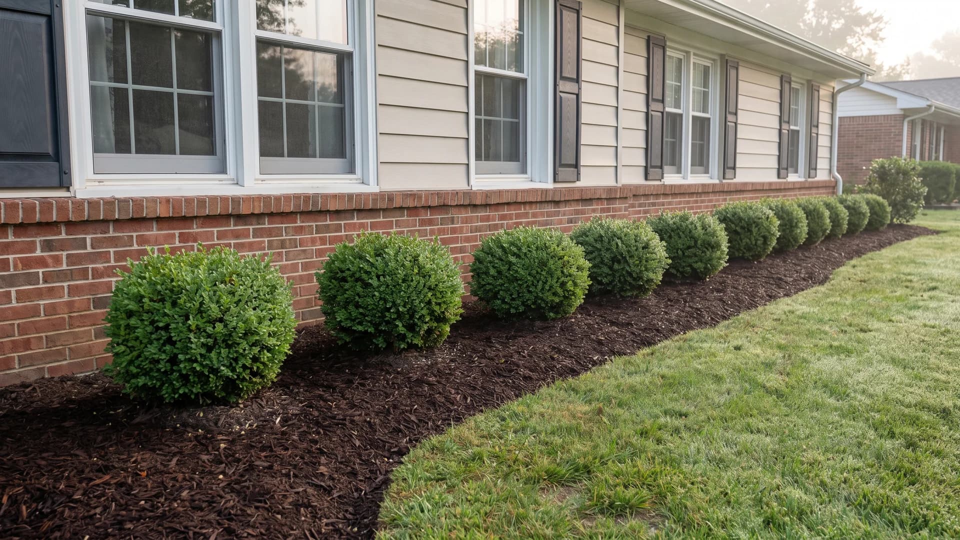 Row of dwarf boxwood along a house foundation with dark mulch
