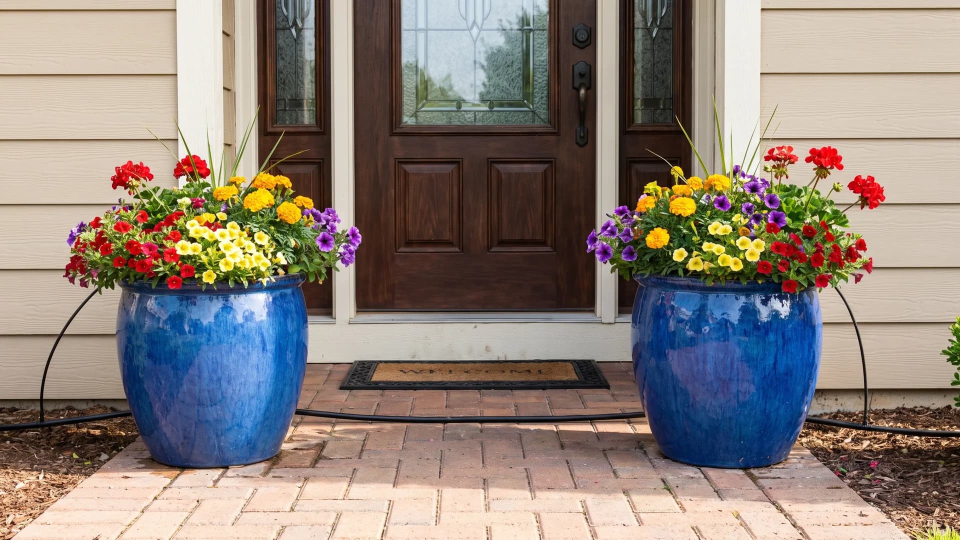 Two large planters with annual flowers flanking a front door on a drip line