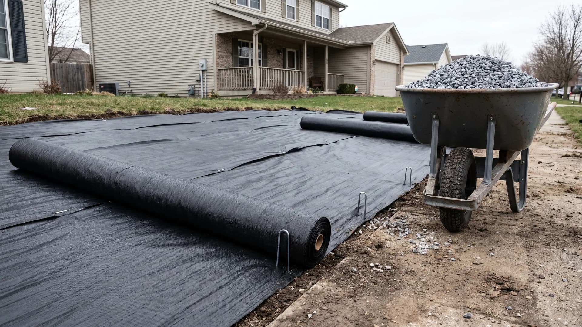Landscape fabric being pinned under a gravel bed installation in front of a house