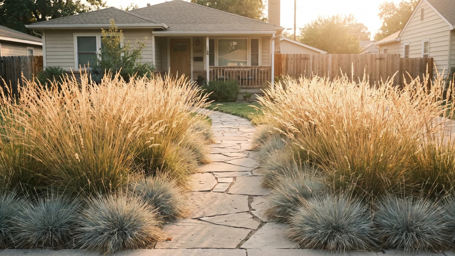 Drift of switchgrass and blue fescue along a front walkway