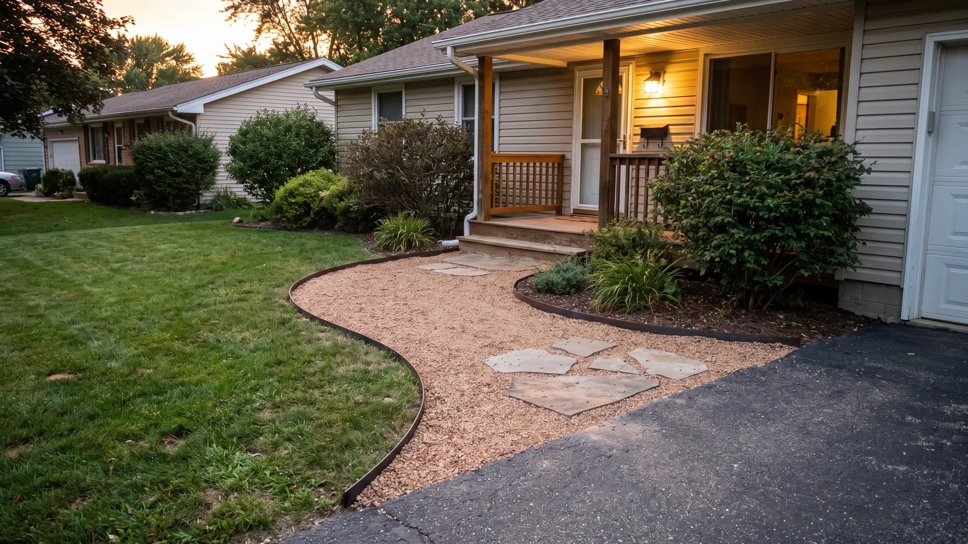 Crushed gravel front walkway with steel edging leading to a porch