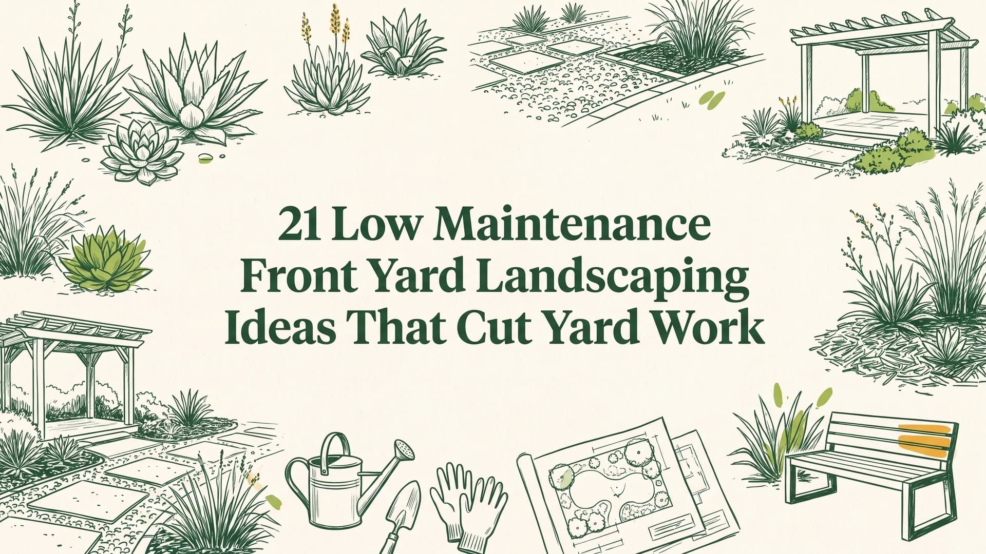 Low maintenance front yard landscaping with rock mulch beds, evergreen shrubs, and a small lawn