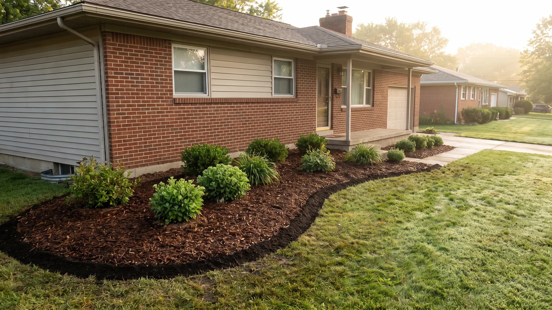 Natural wood chip mulch bed with shrubs along the front of a house
