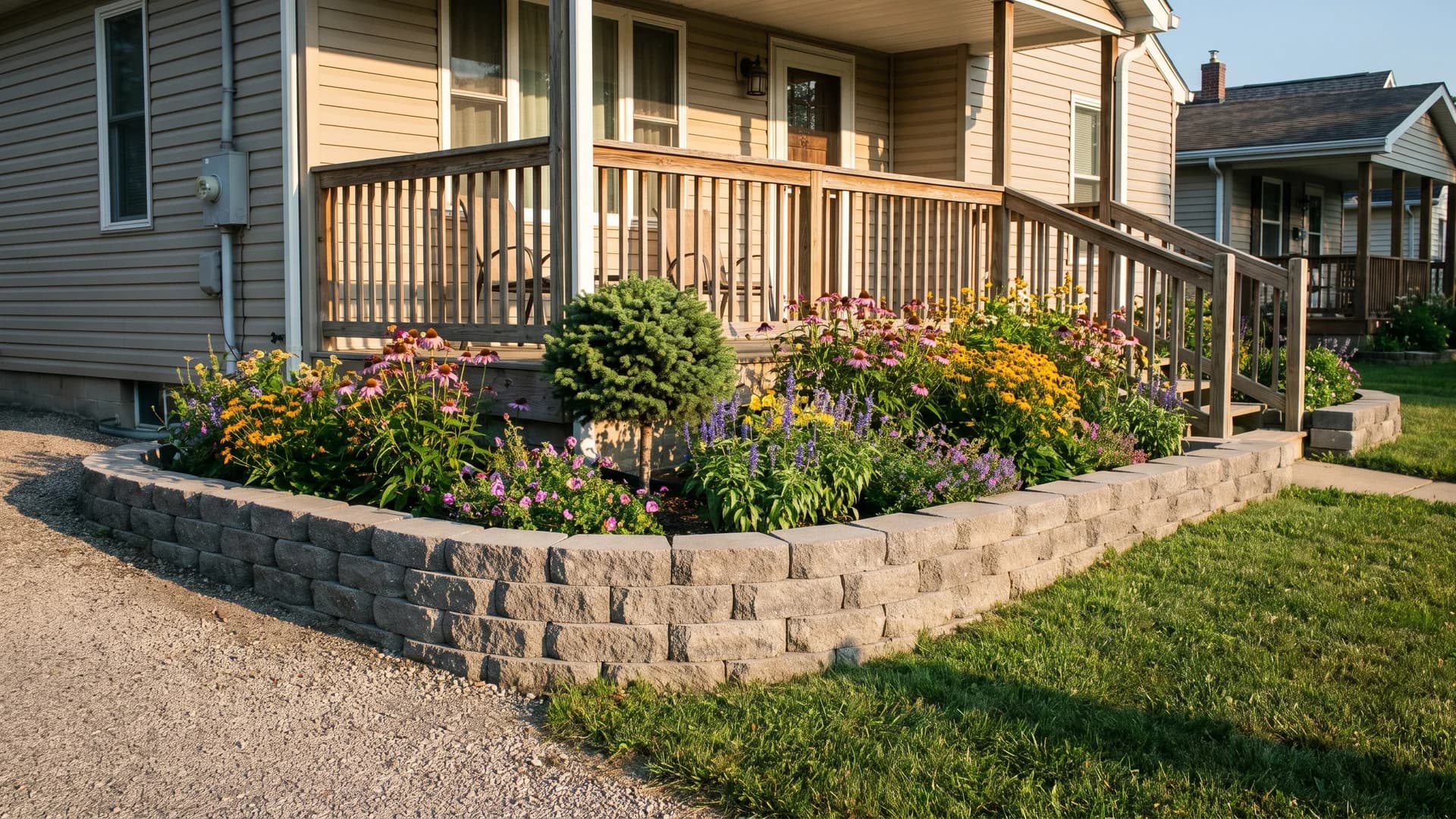 Raised stone flower bed at the base of a front porch with perennials