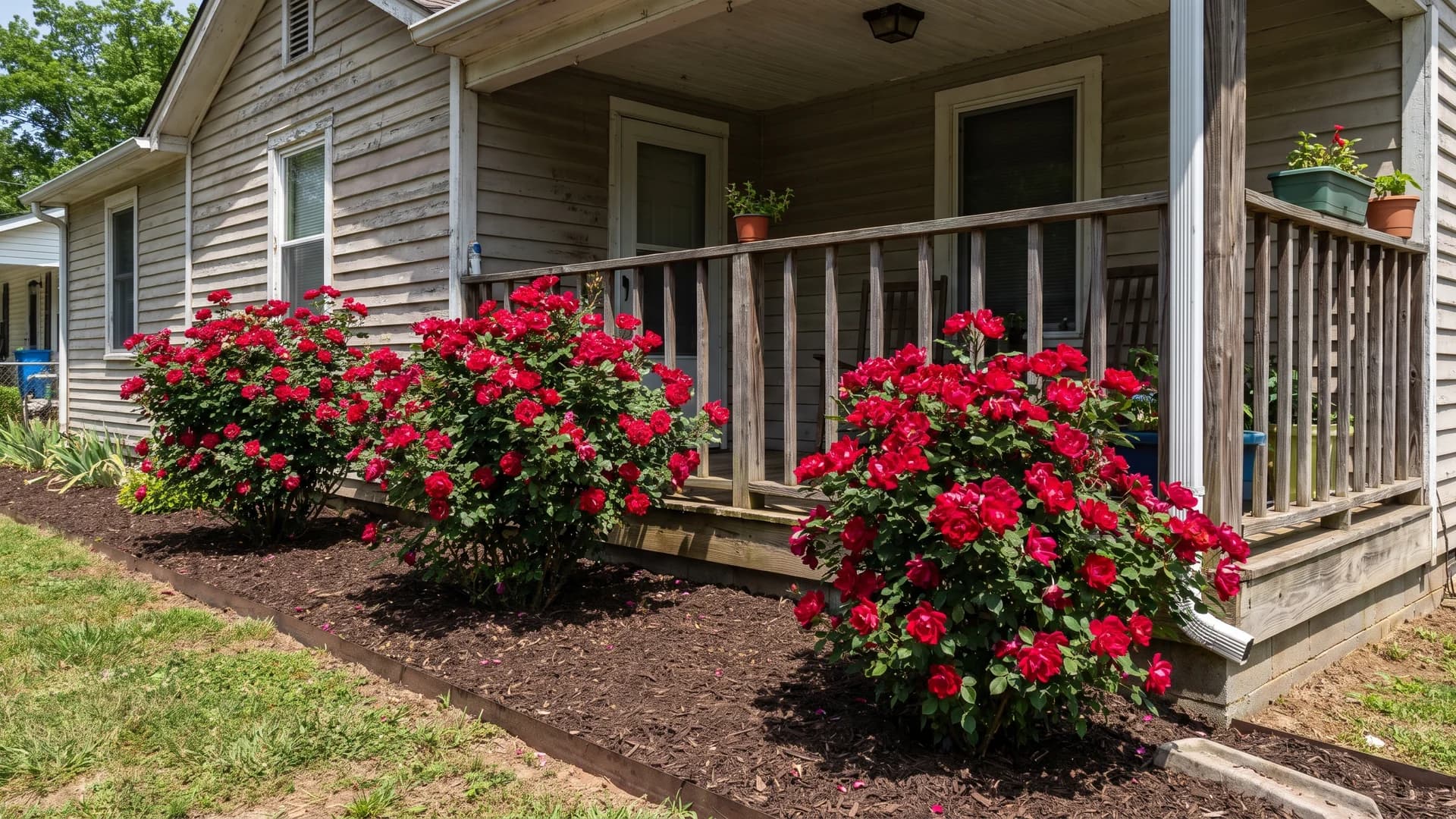Red Knock Out shrub roses blooming along a front porch