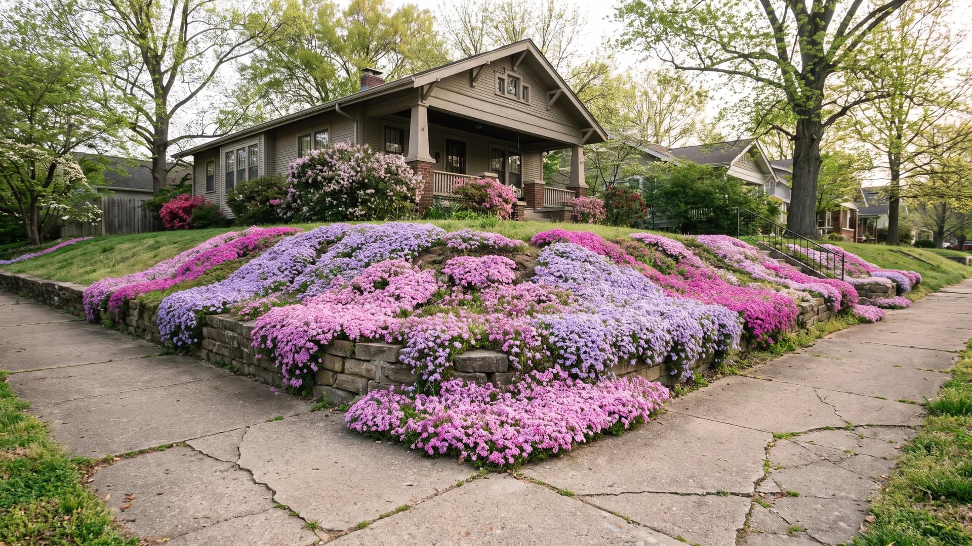 Creeping phlox spilling over a small front yard slope in bloom
