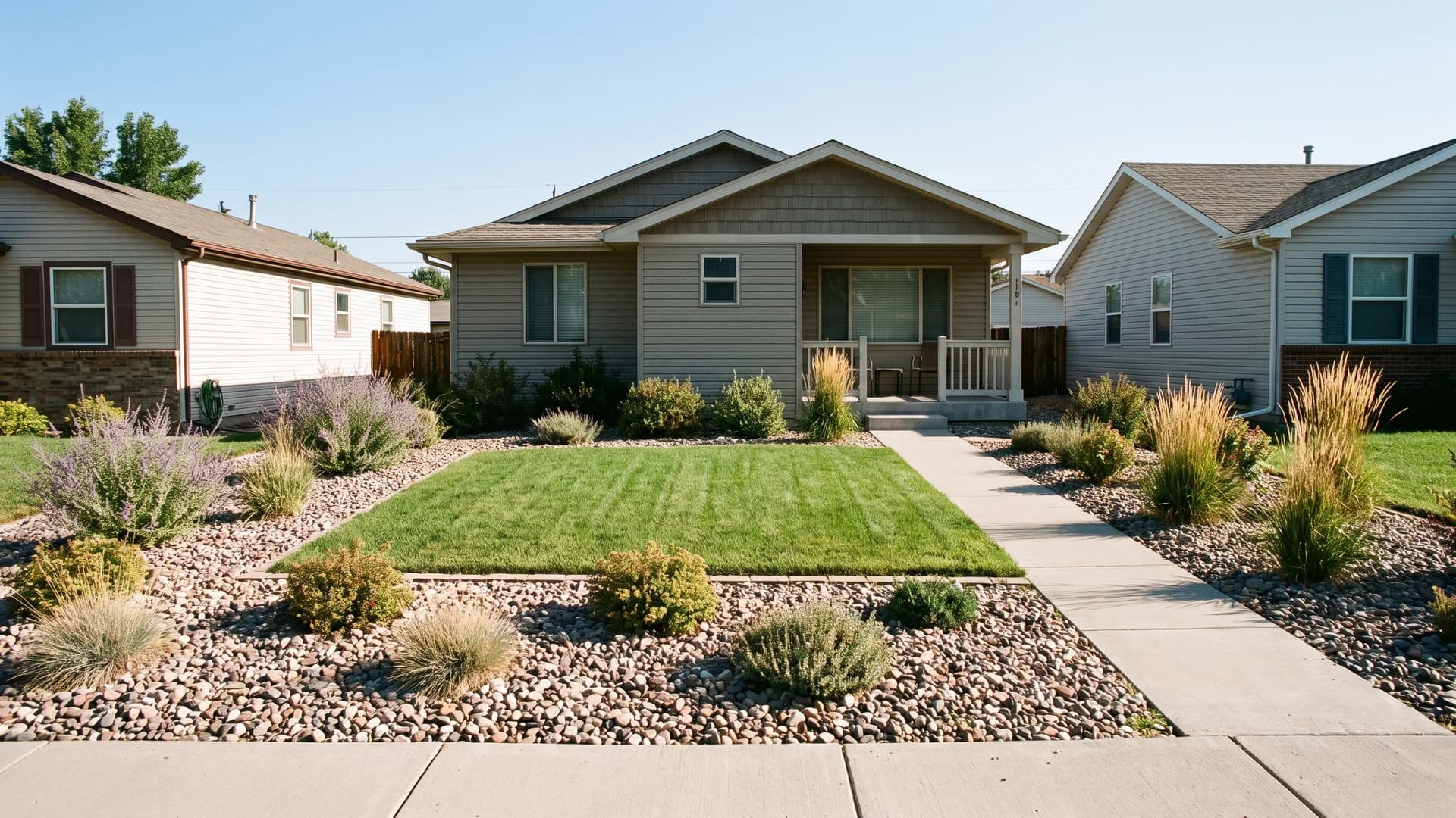 Low maintenance front yard landscaping with a small rectangular lawn framed by rock mulch beds