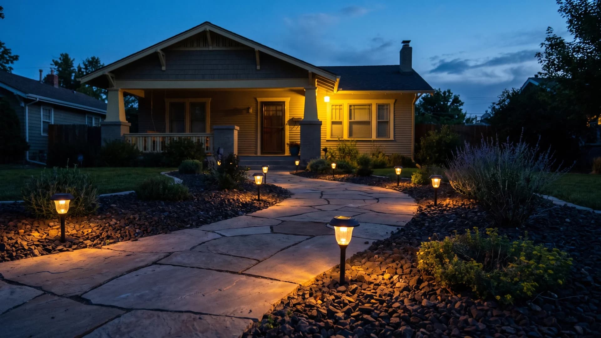 Solar path lights along a front walkway at dusk in a modest yard