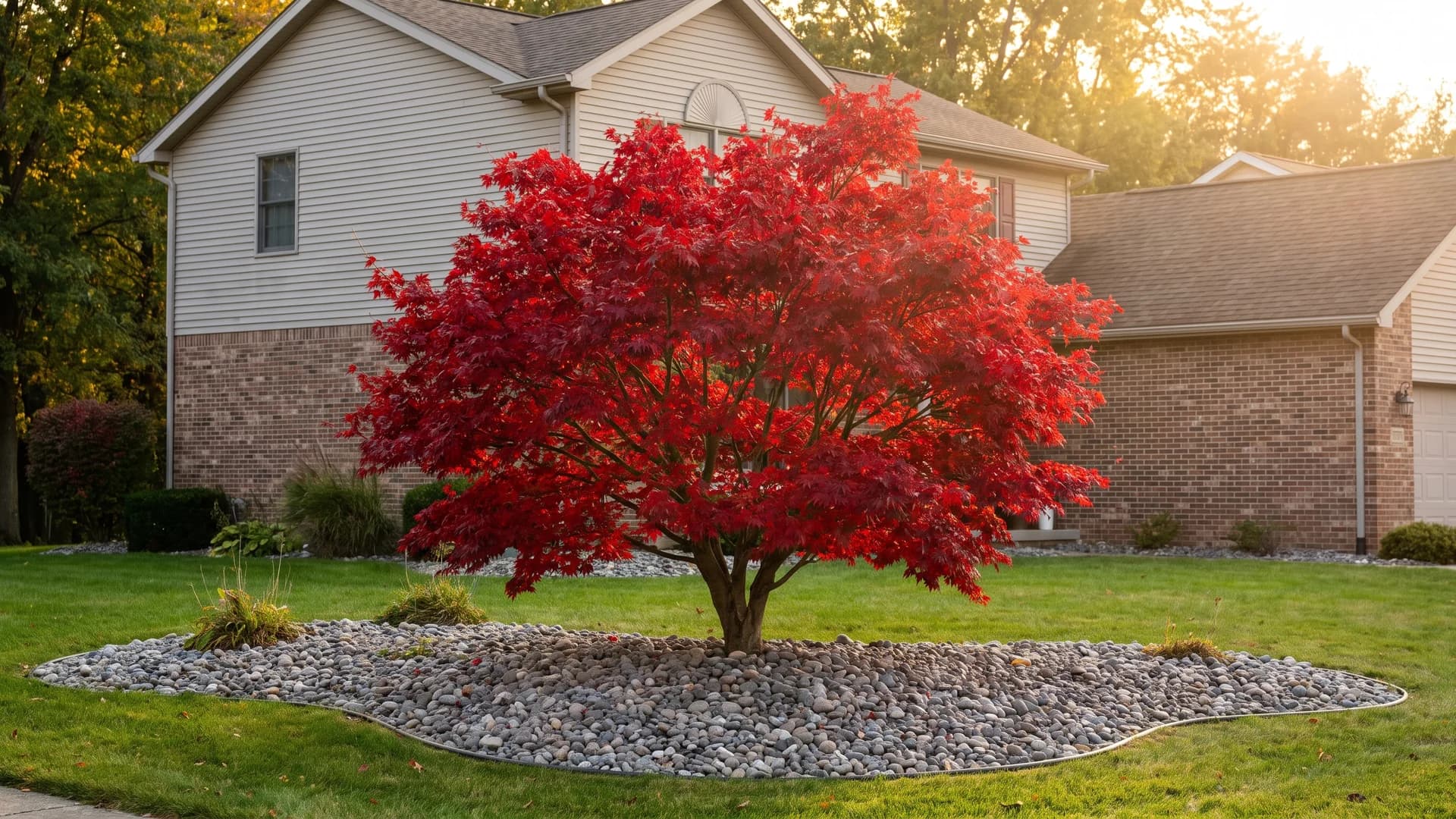Japanese maple as a statement tree in a simple front yard bed with rock mulch