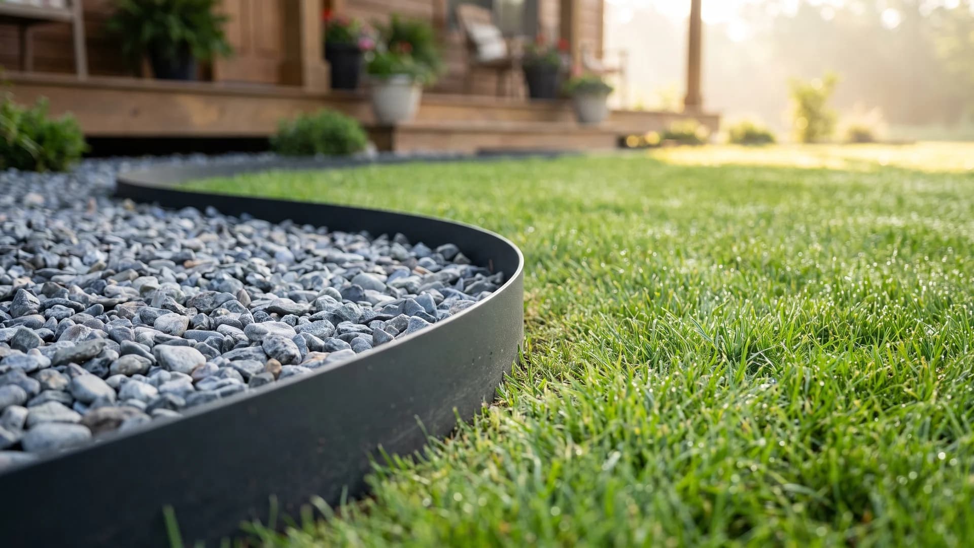 Steel landscape edging holding a crisp line between rock bed and lawn in a front yard