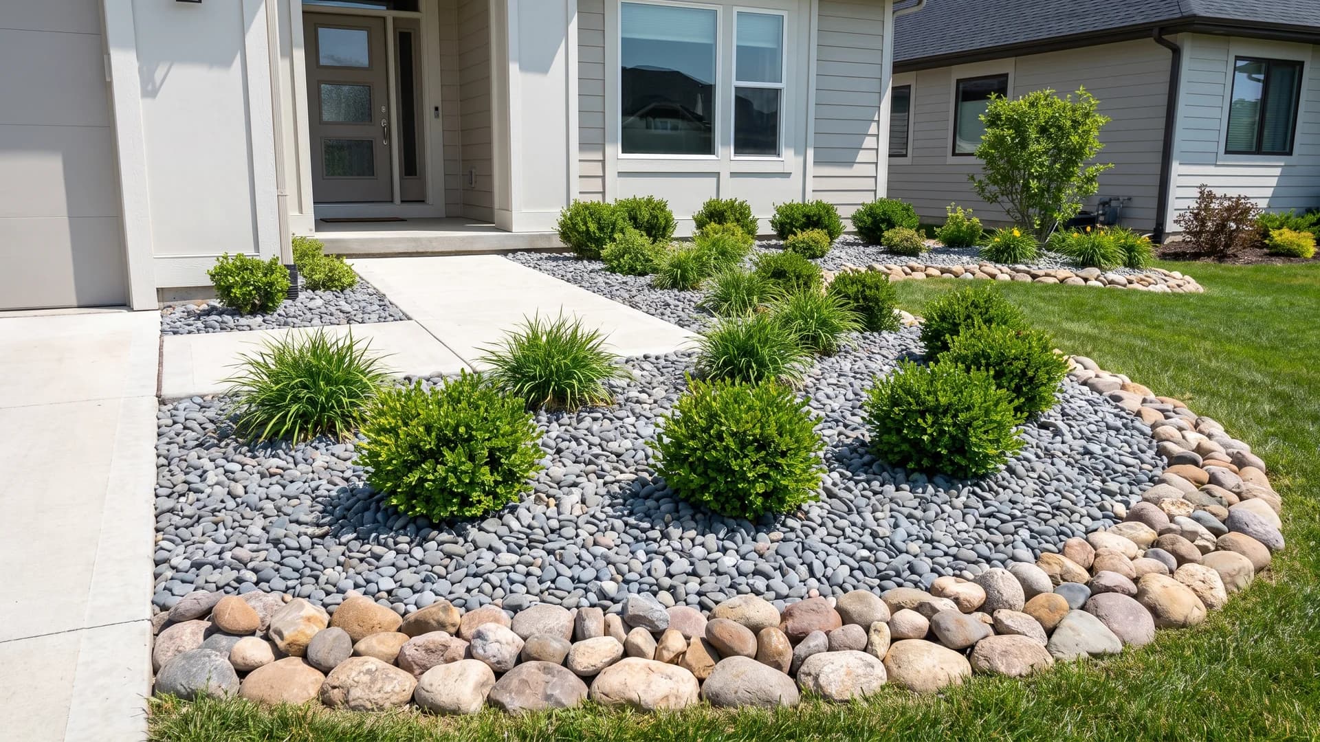 Two-tone rock mulch bed with small gray stones bordered by larger river rock in a front yard