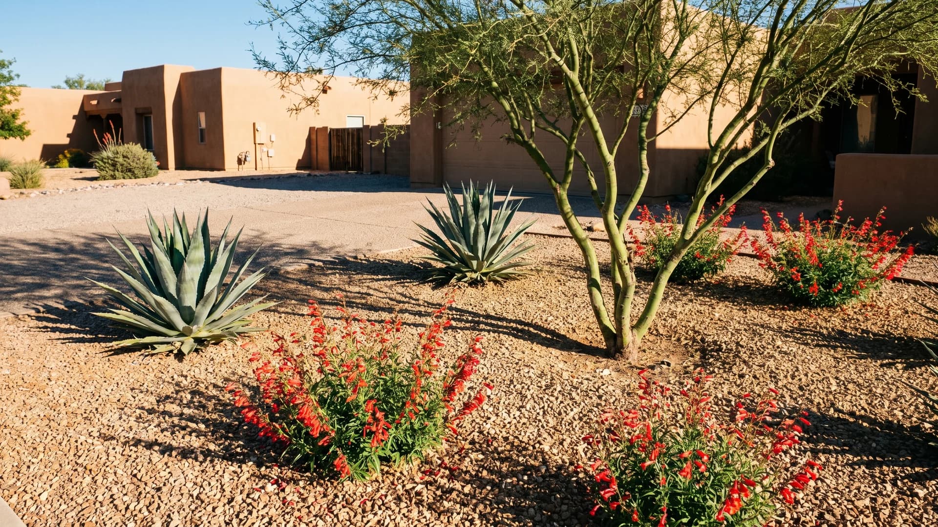 Xeriscaped front yard section with gravel mulch, agave, and flowering perennials