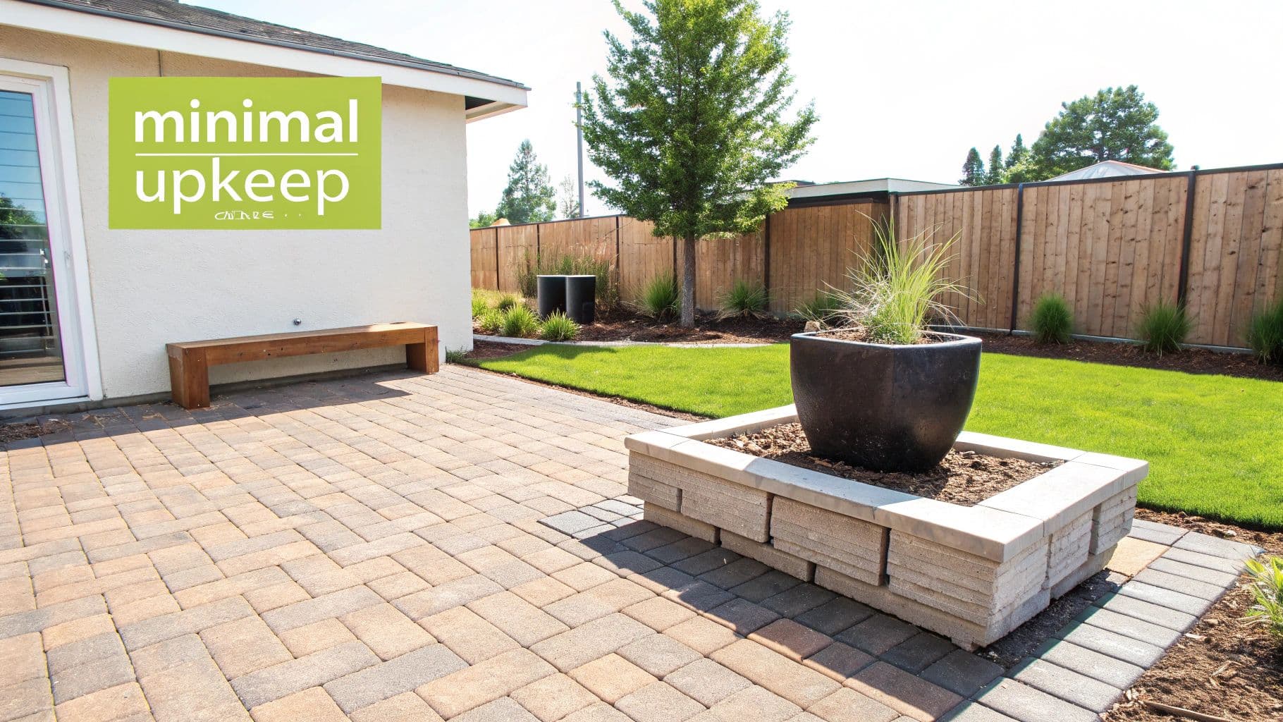 A modern backyard features a paved patio, green lawn, raised planter, and a minimalist wooden bench.
