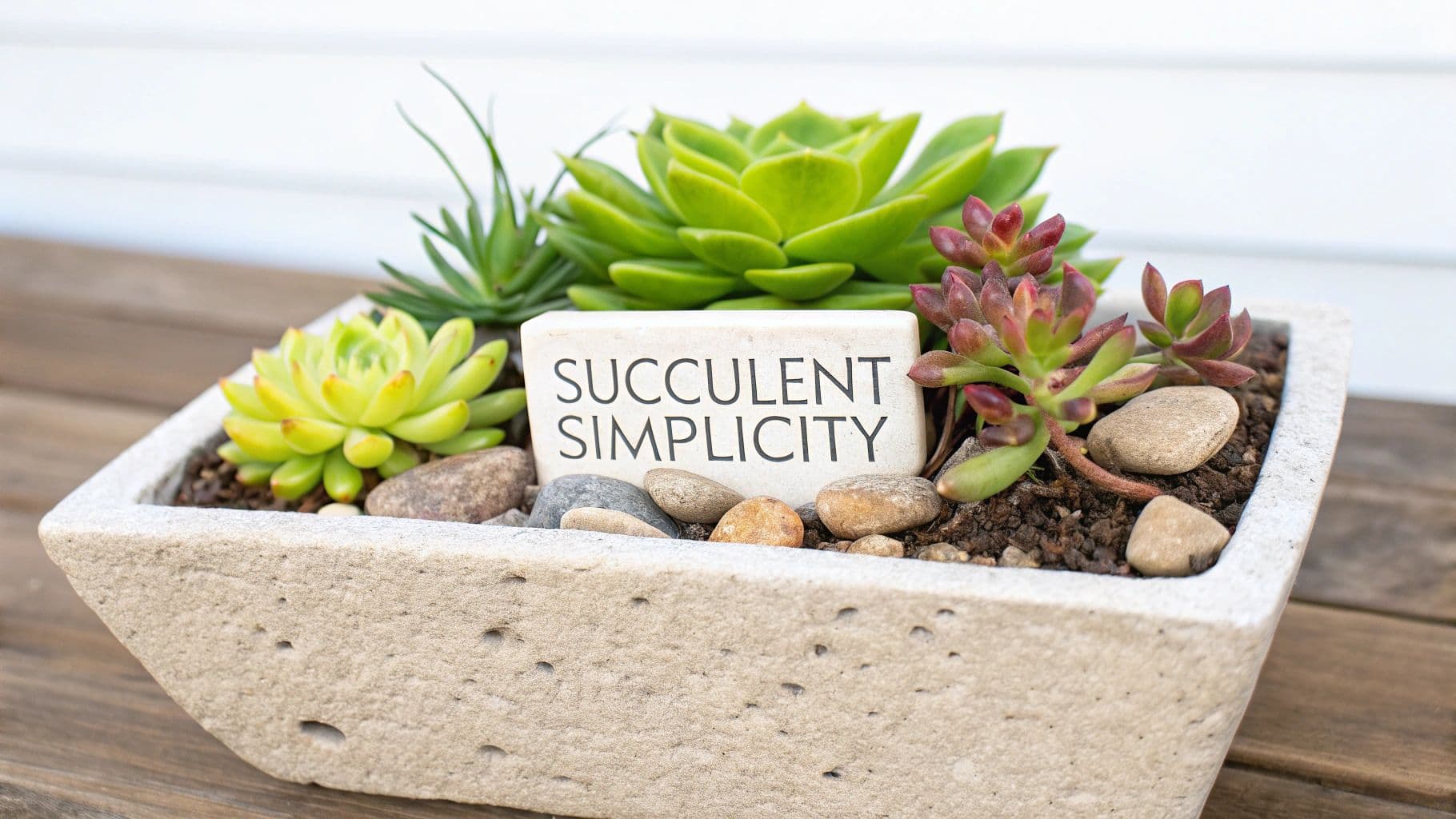 A minimalist concrete planter filled with green and red succulents, small rocks, and a sign saying "SUCCULENT SIMPLICITY".