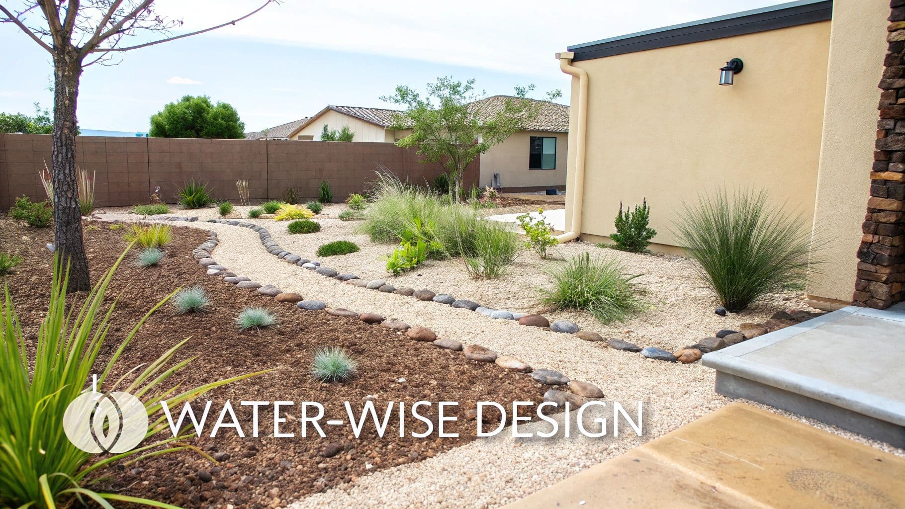 A beautiful water-wise xeriscape garden with a winding gravel path and drought-tolerant plants.